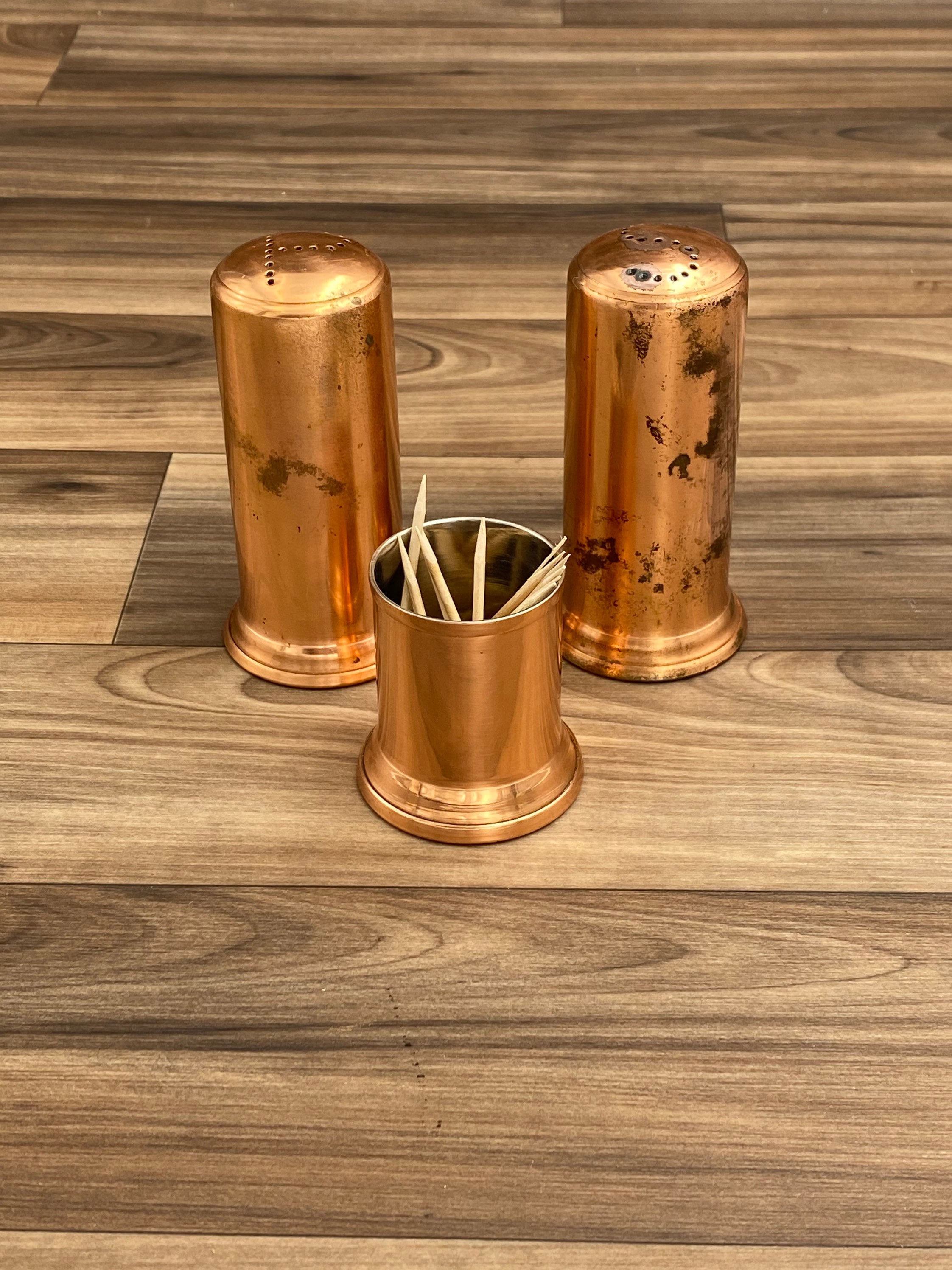 Vintage Copper Salt and Pepper Shakers with toothpick holder, Rustic