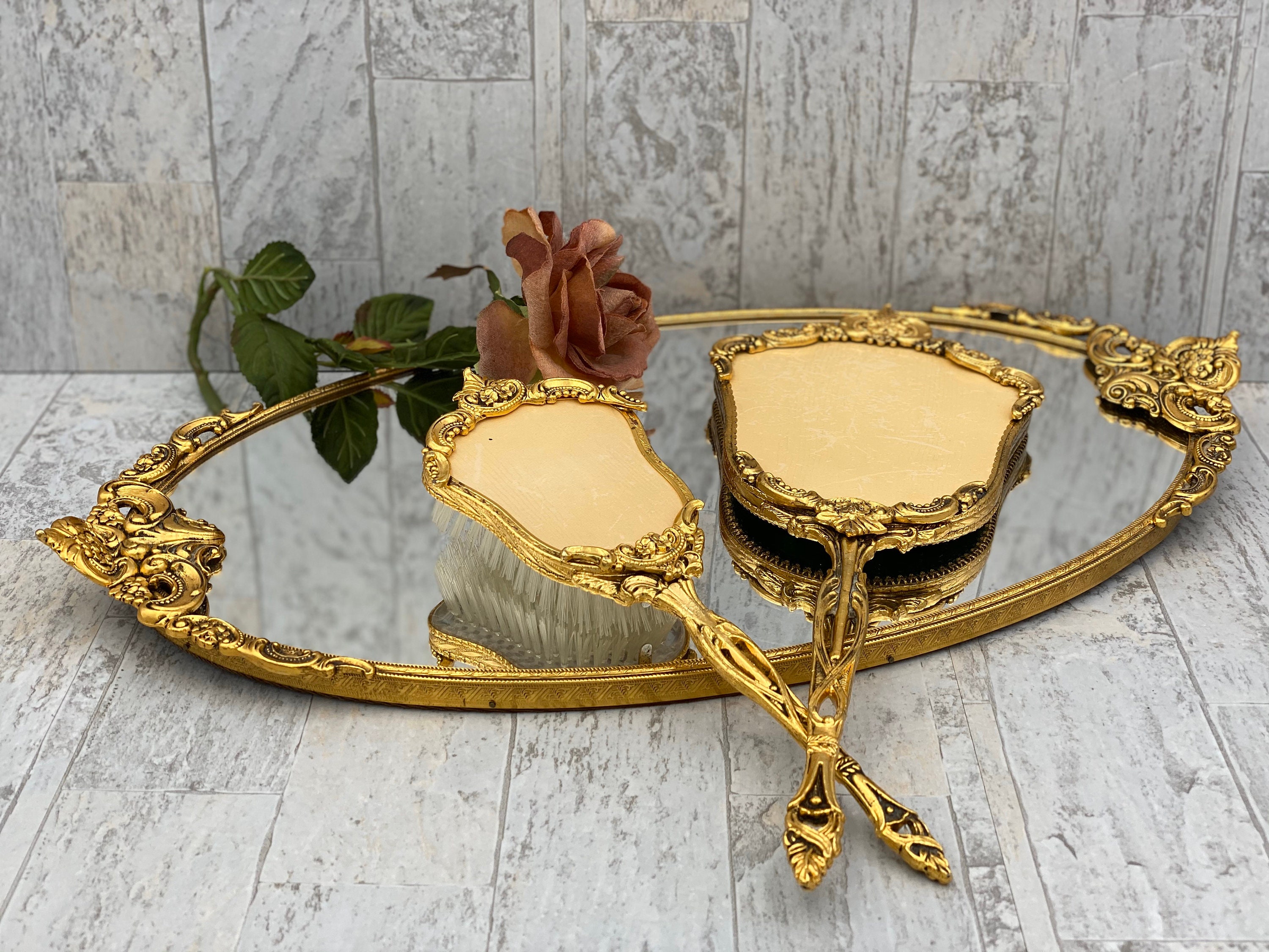 Vintage Vantity Set, Stylebuilt 24 kt Gold Plated Ormolu Dresser mirror