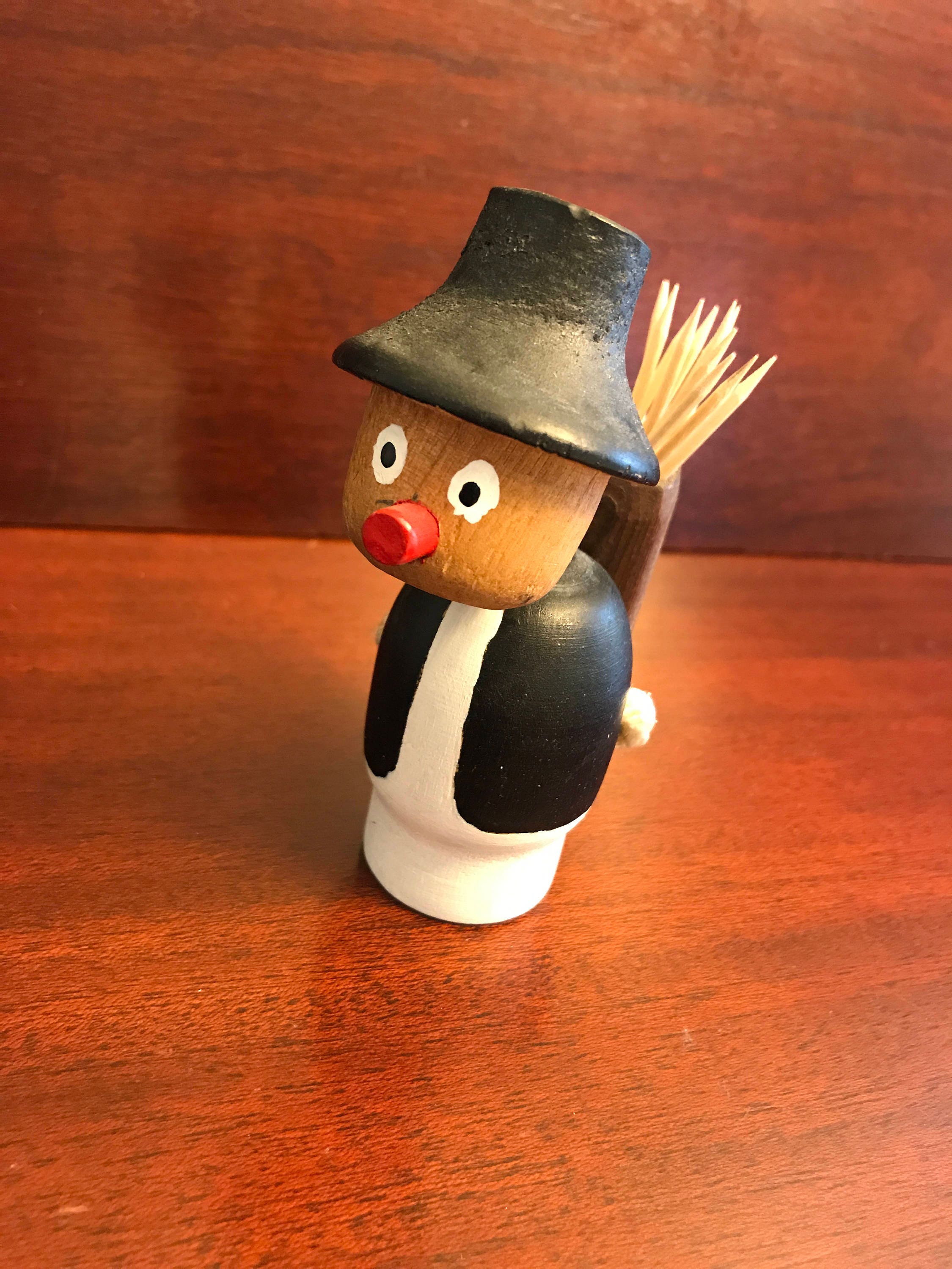 Toothpick holder, little German style man toothpick holder, carved wood toothpick holder