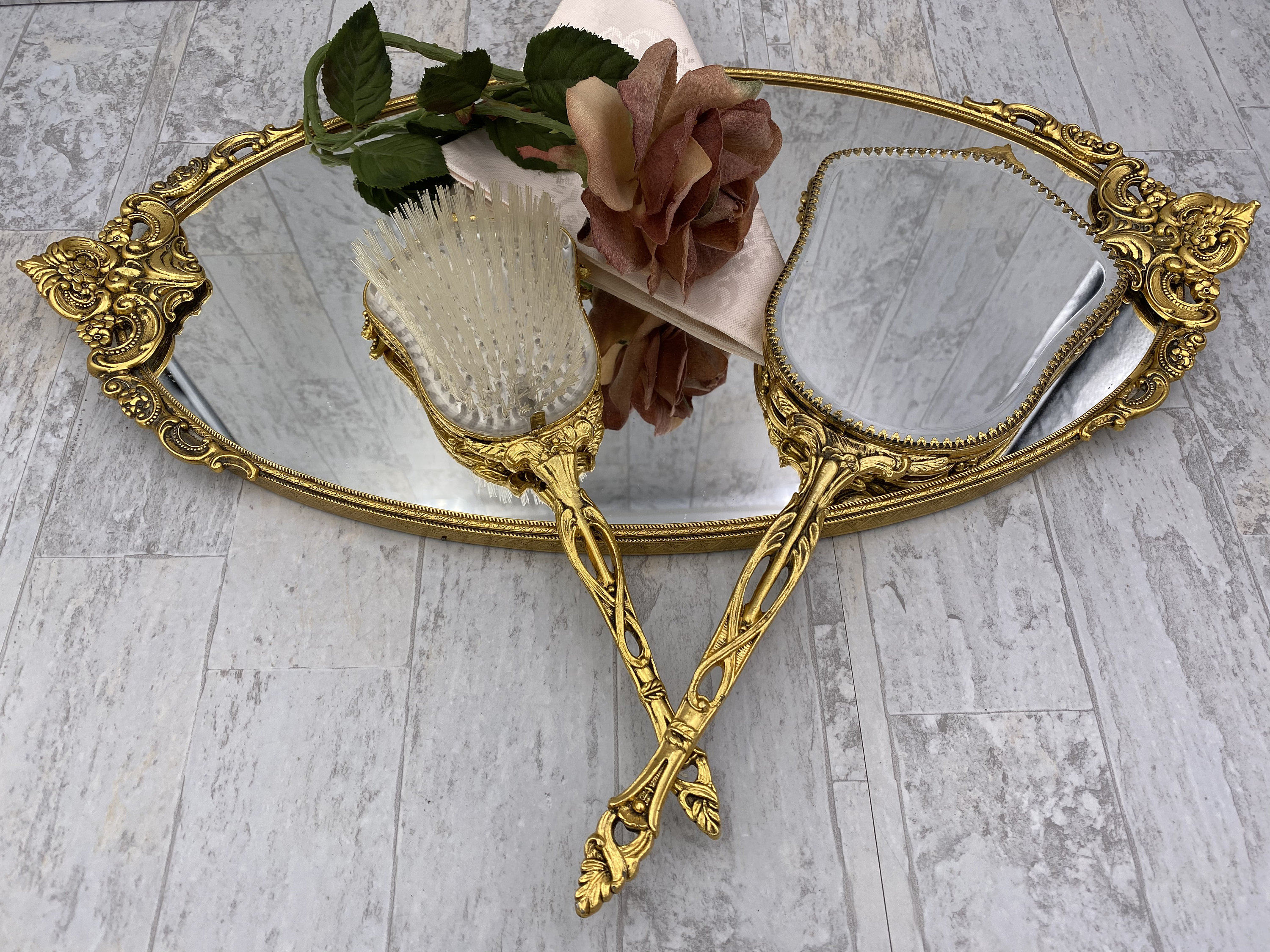 Vintage Vantity Set, Stylebuilt 24 kt Gold Plated Ormolu Dresser mirror