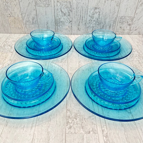 Vintage Plate set, Aqua glass Dinnerware, Hazel Atlas Capri hobnail, 12 Piece set