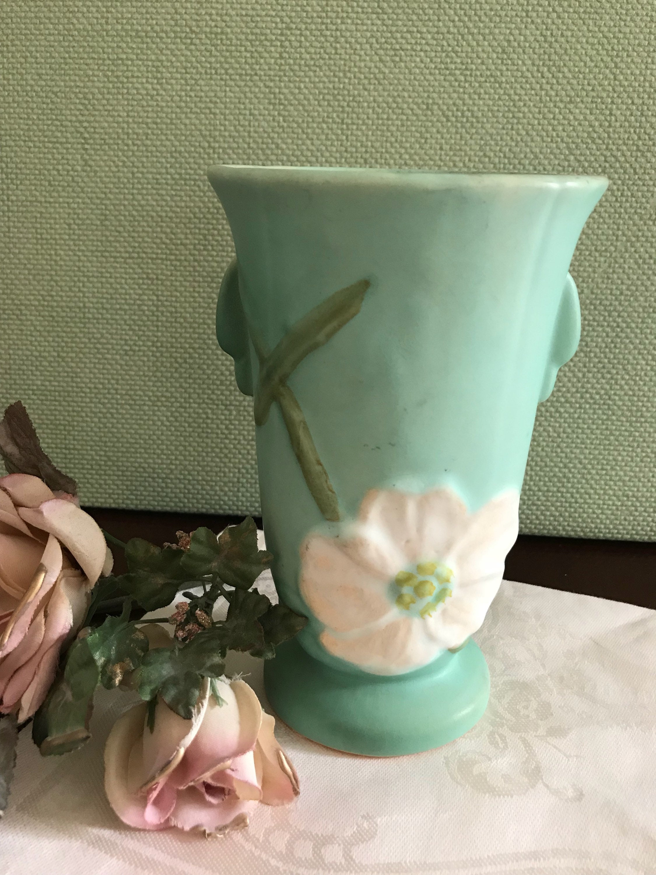 Vintage Weller Pottery Vase, wild rose ceramic vase, mint green Ceramic