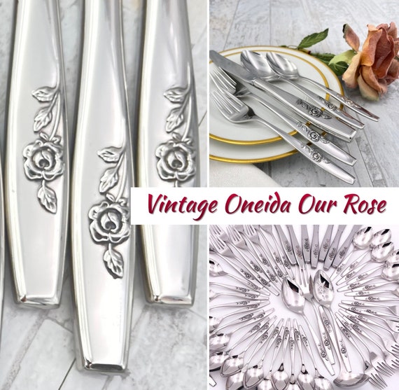 Vintage Oneida Our Rose Stainless Flatware set, Service for 12 with Serving pieces