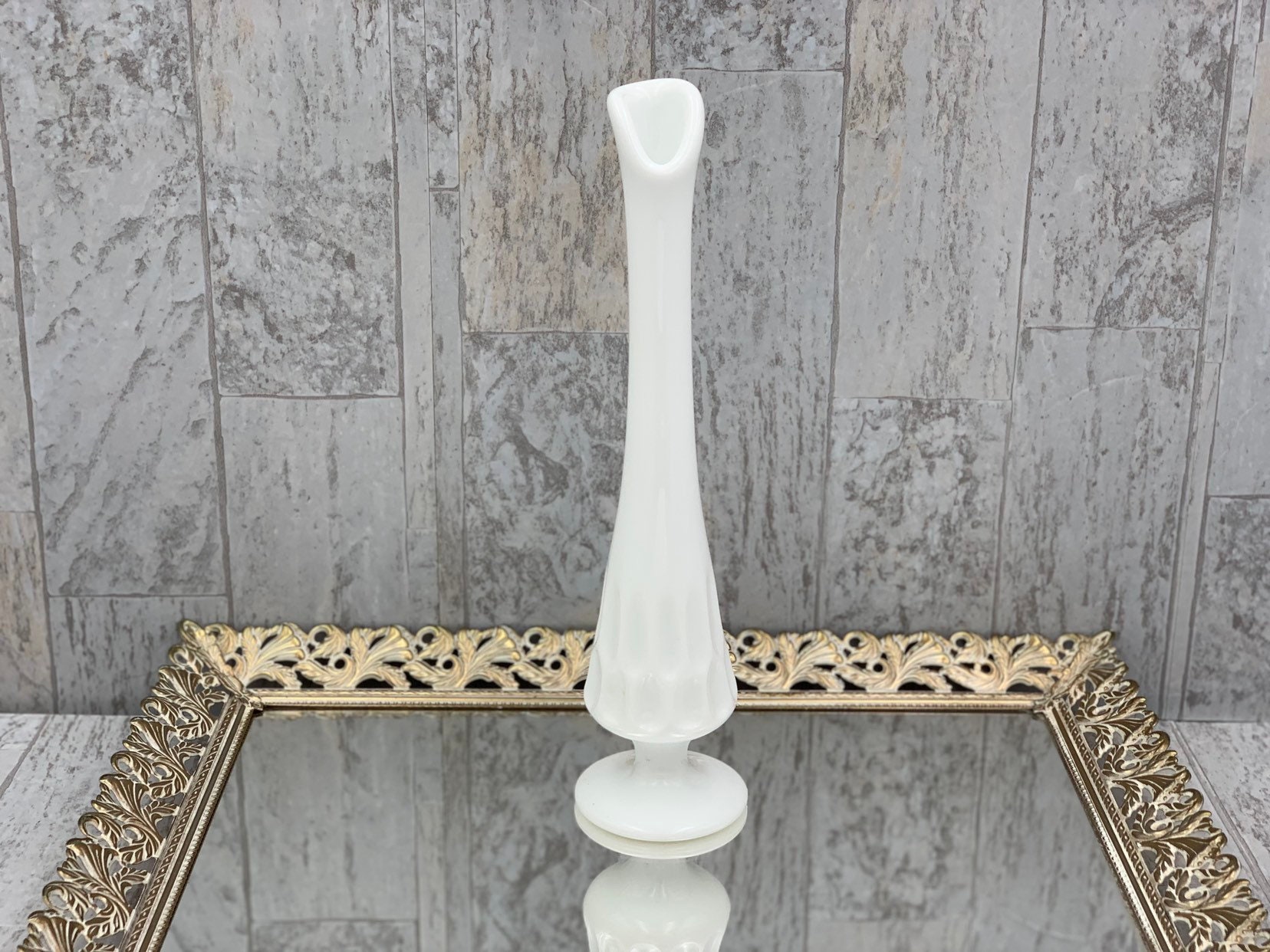 Vintage Milk Glass Bud Vase Fenton Thumb Print Swung Milk Glass