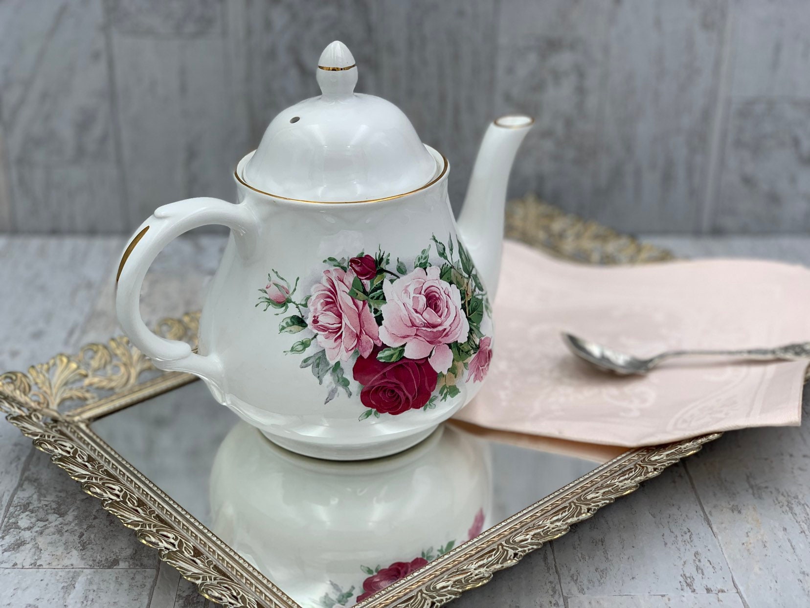 Vintage Rose Teapot, China teapot with Scripture, Pink Rose teapot, Tea party, Shabby Chic, gift