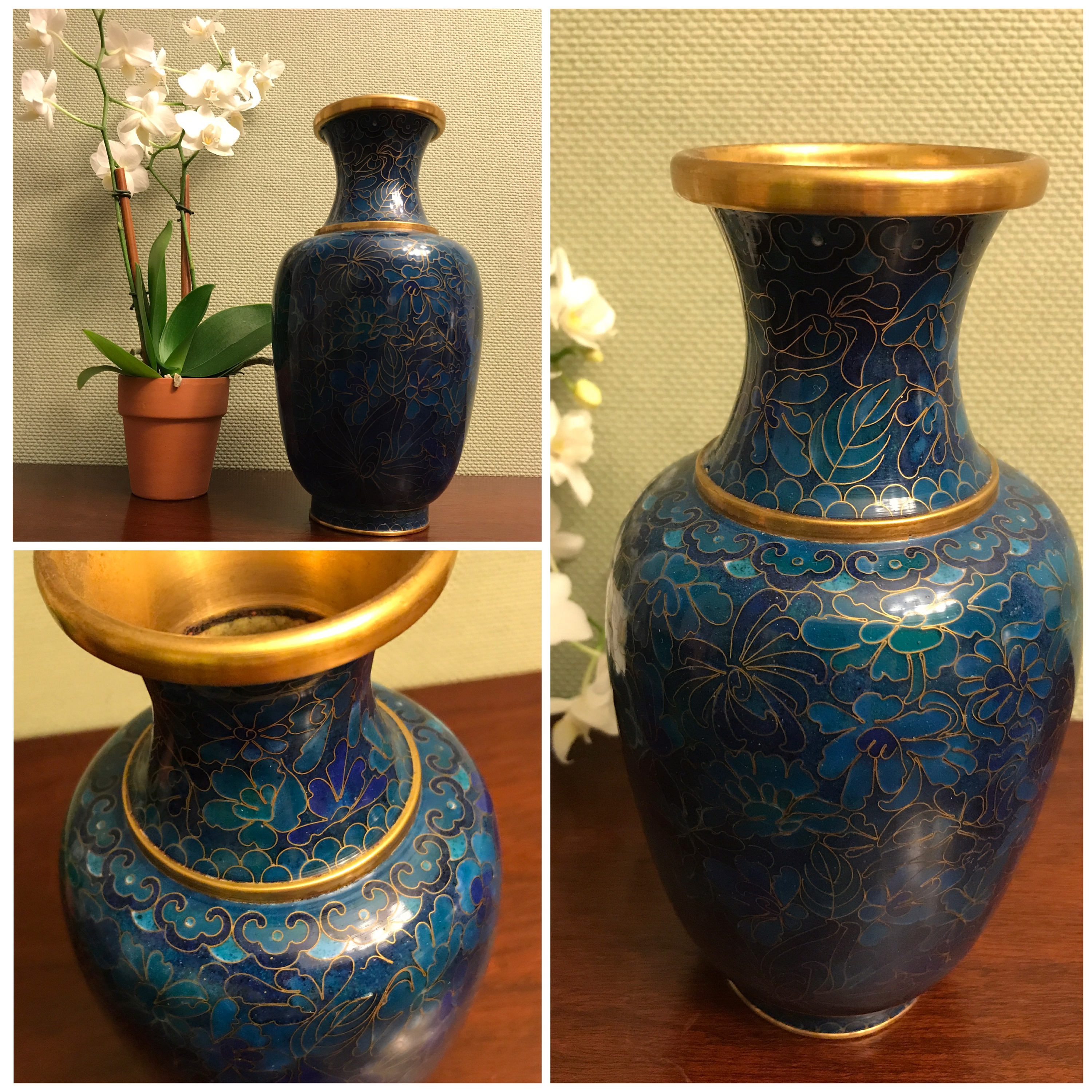 Blue Cloisonné Vase, Vintage Cloisonné Cobalt Blue and gold vase, Asian