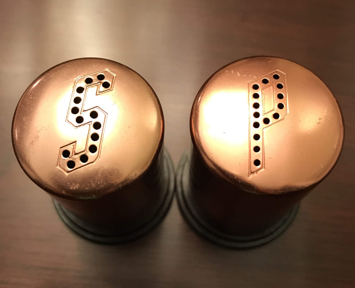 RESERVED for Sandy Retro Salt Pepper Shakers, Vintage copper on black