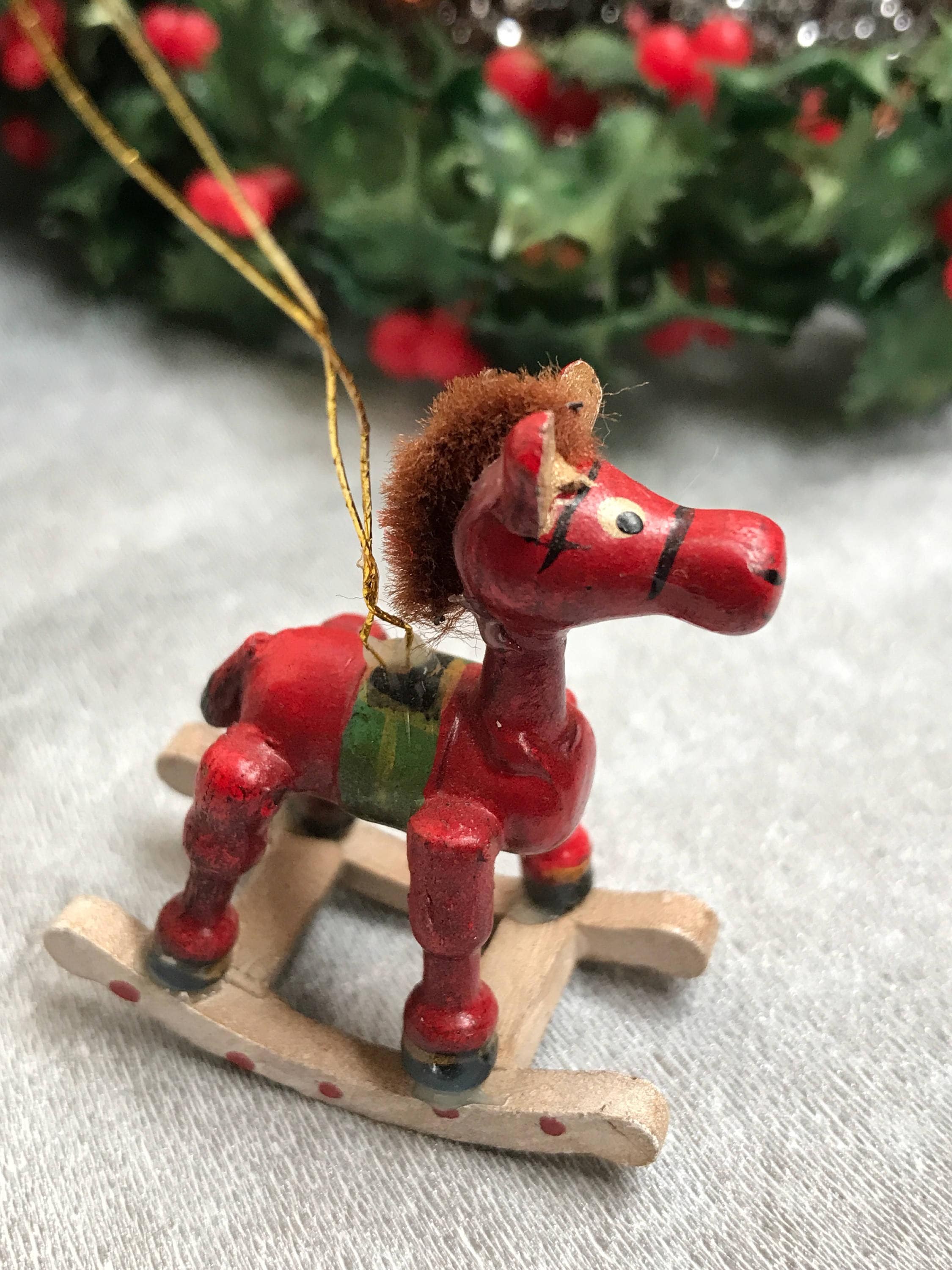 Vintage Rocking Horse Christmas Ornaments, set of Handpainted wooden