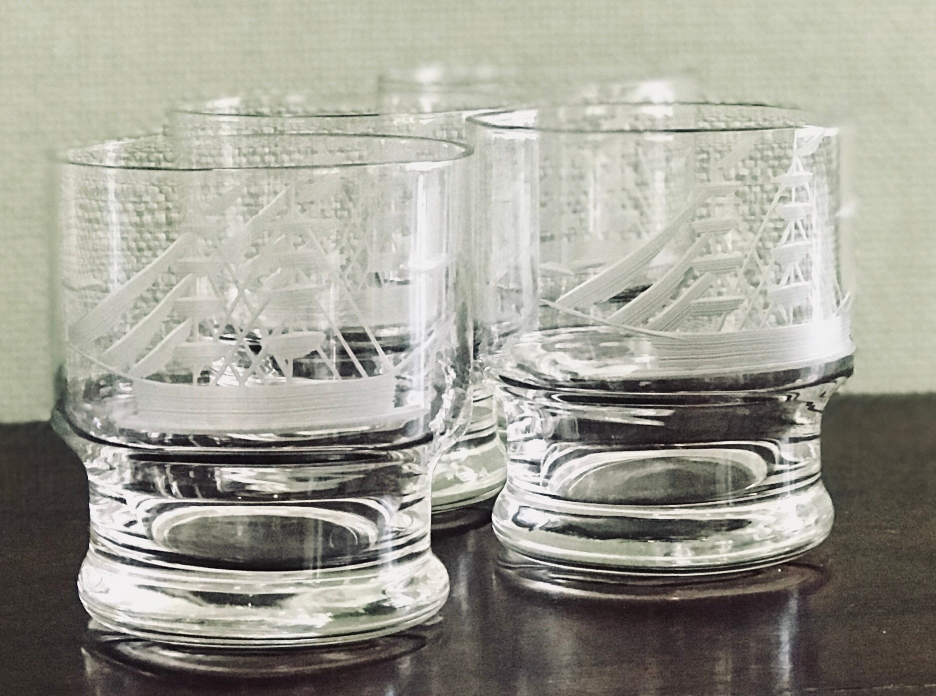 Vintage Glasses with Ships, Nautical etched Glasses, Drink ware set