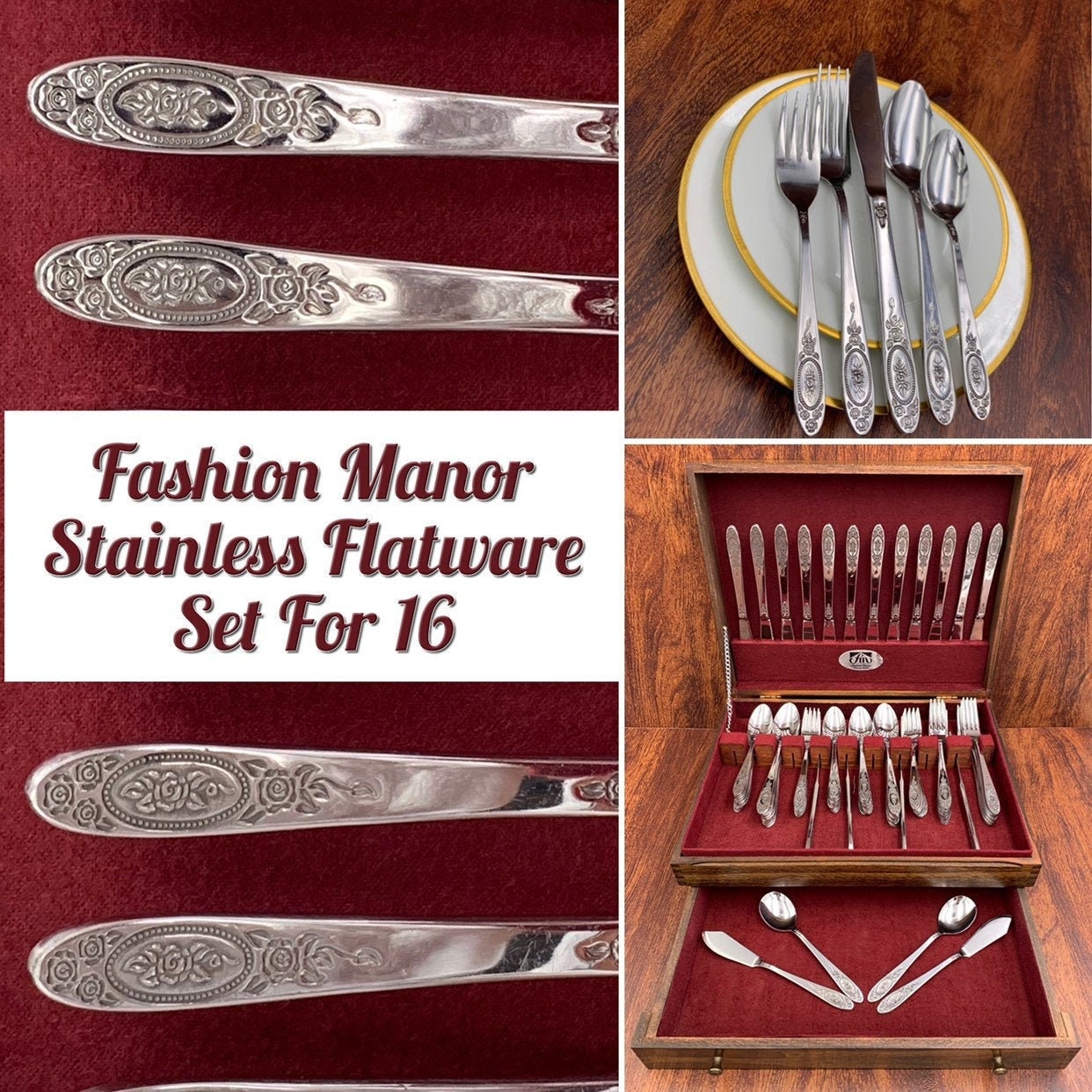 Stainless Flatware set, Service for 16, Fashion Manor Rose Cameo