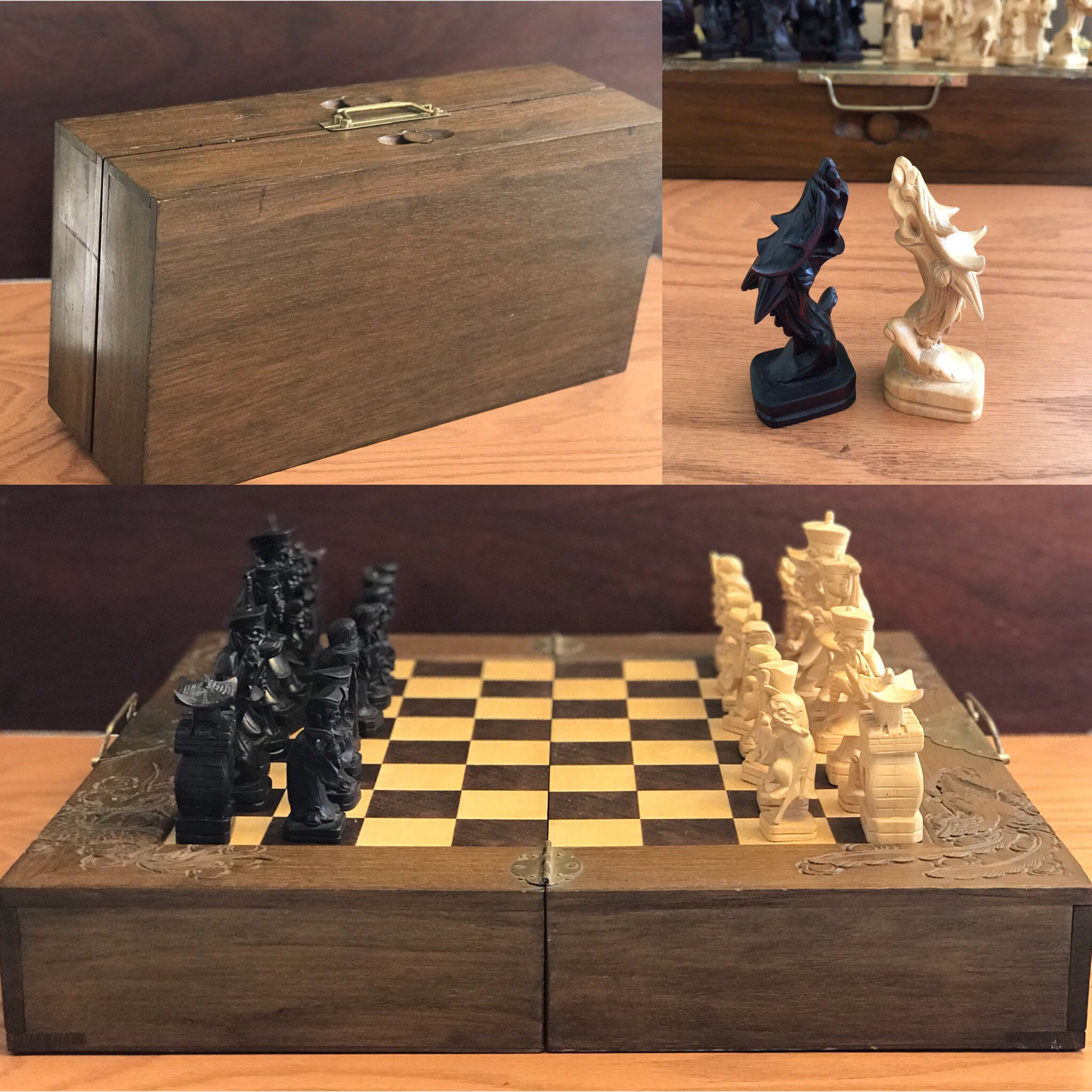 Large Asian Chess Set, Vintage Hand Carved Chess set, Carved wood chest