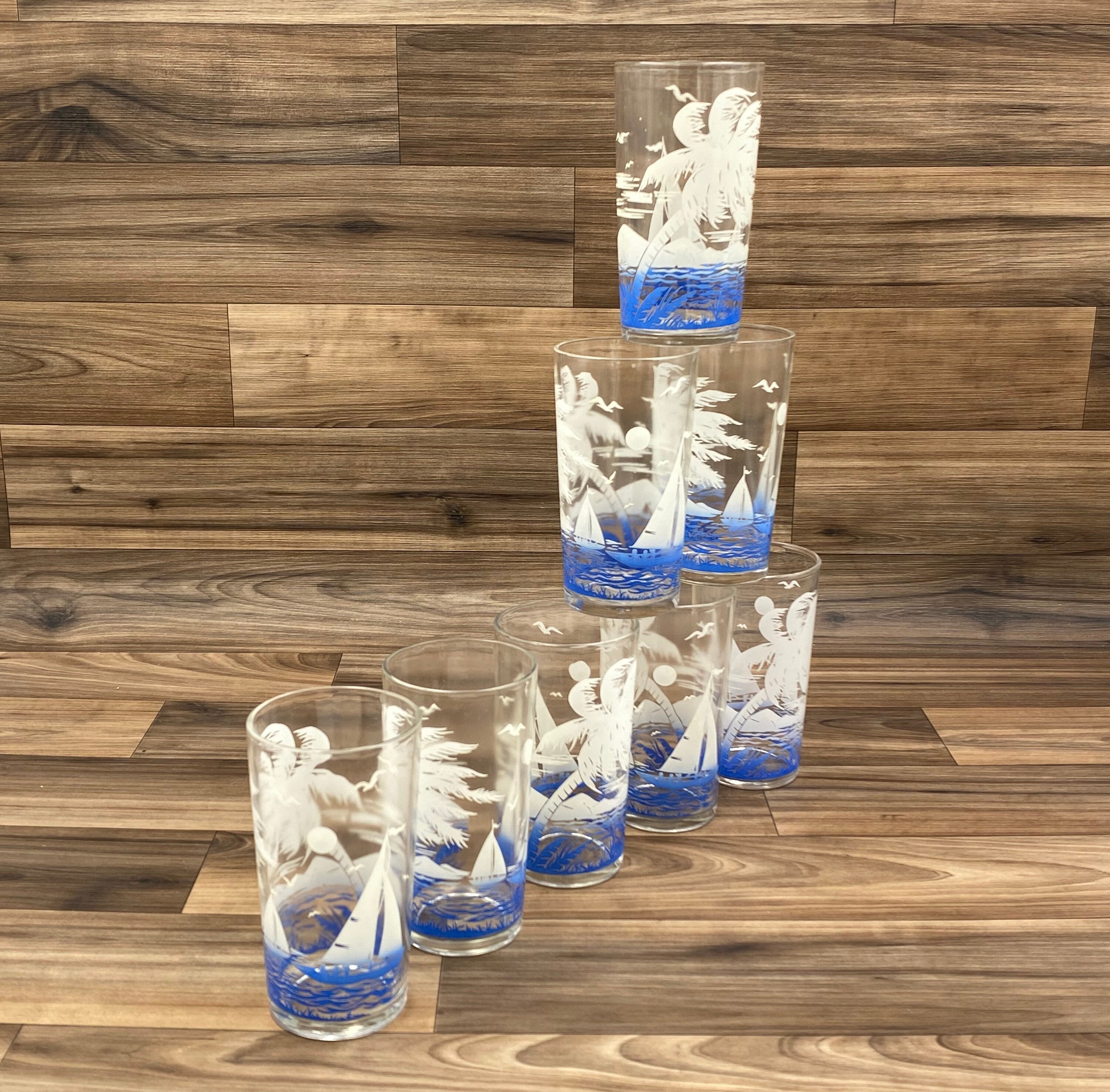 Mid Century Sailboat Glasses, Federal Glass Nautical Beach Decor, Gift