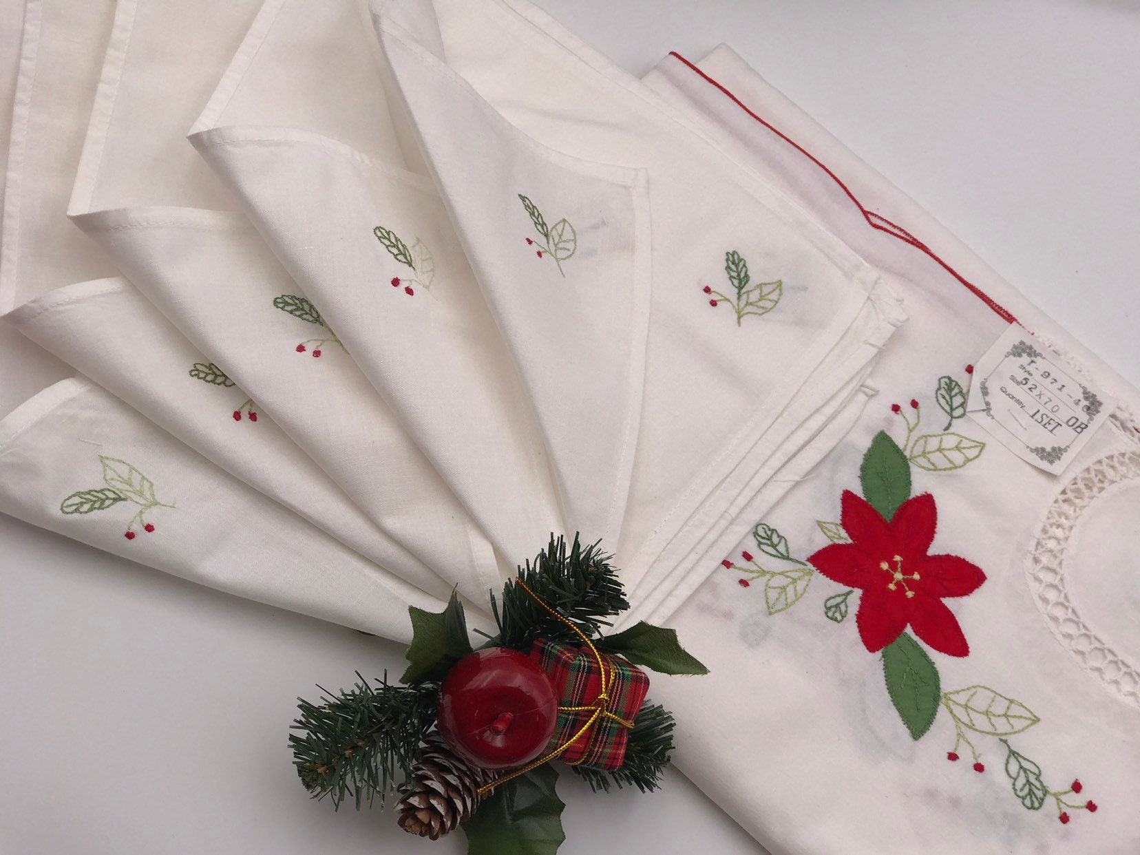 Vintage Christmas Tablecloth and napkin set Red appliquéd poinsettias