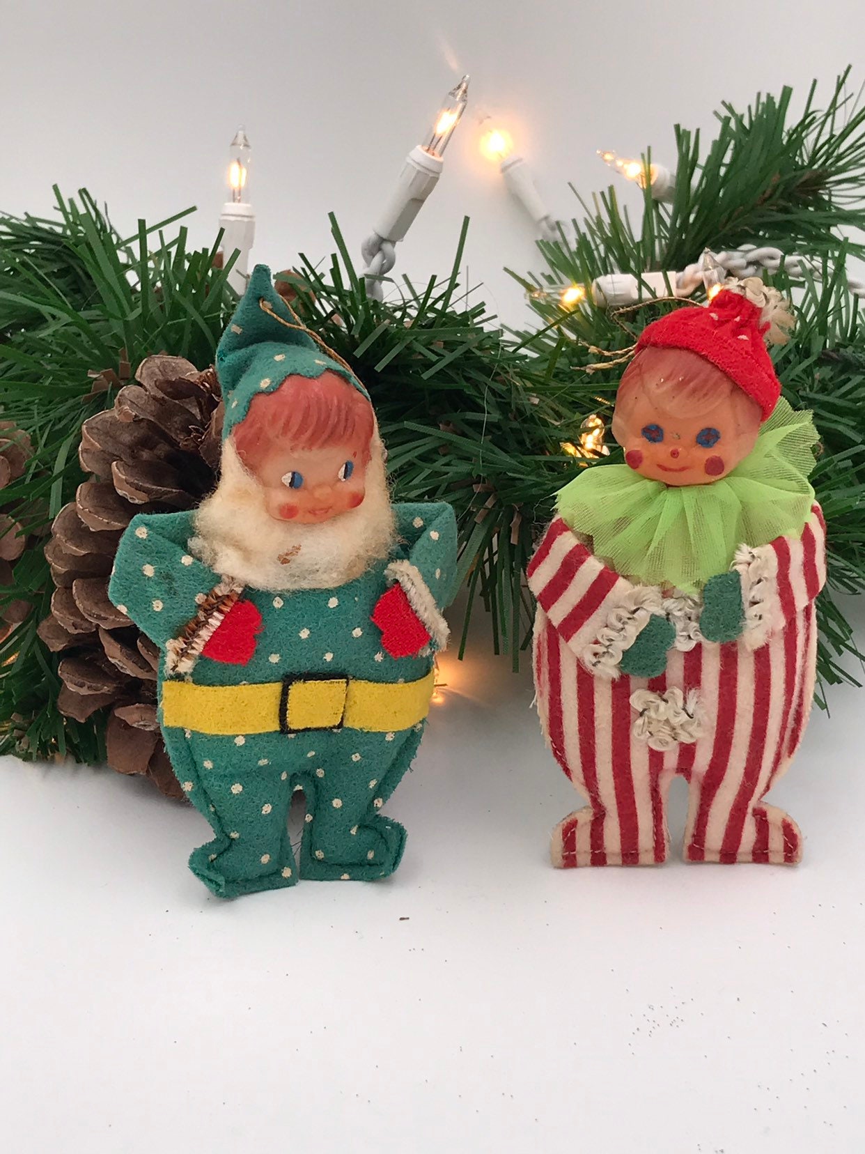 Vintage Pixie Elf Ornaments, Christmas Clown Elves with rubber faces