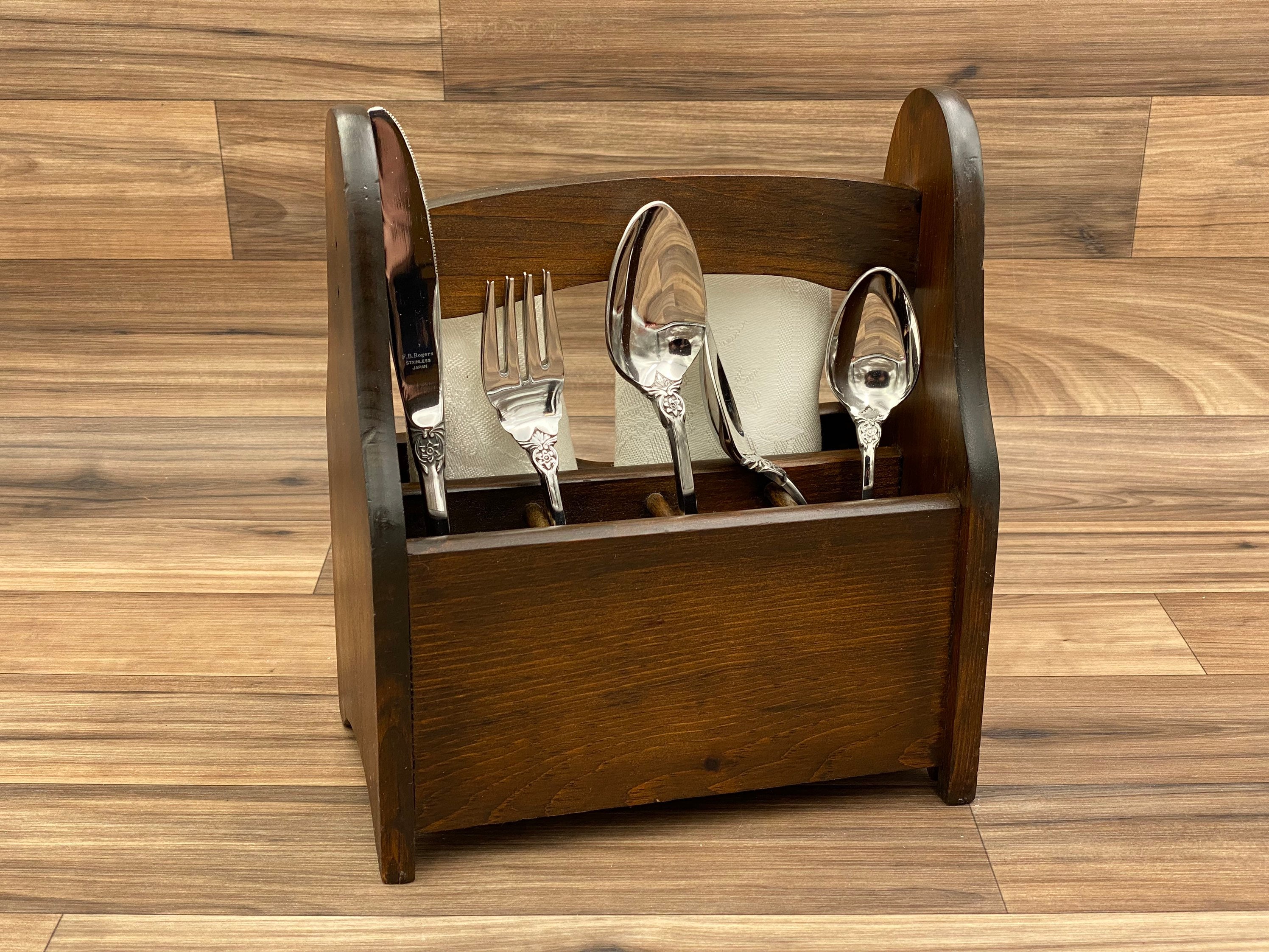 Vintage Flatware caddy, Dark Wood small silverware holder, Utensil