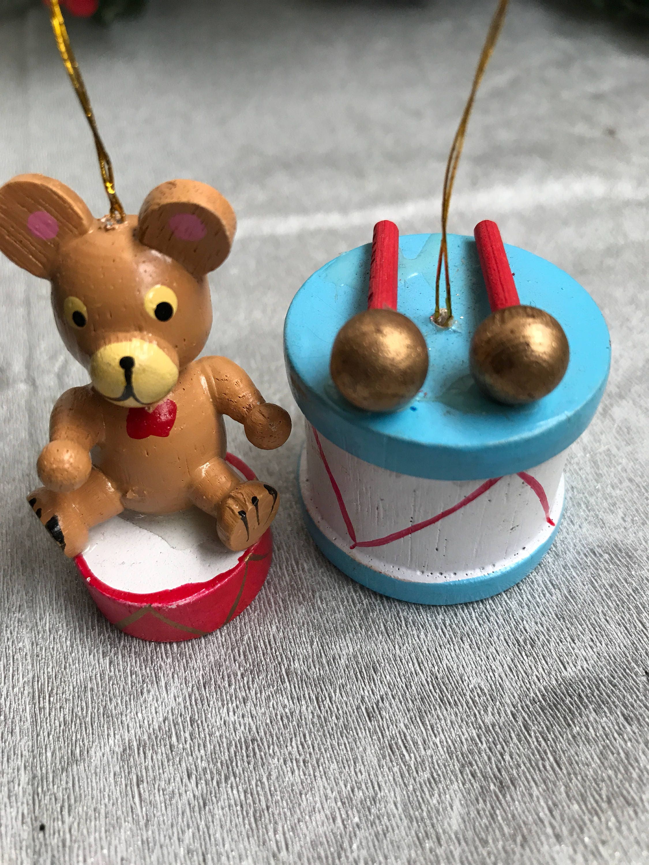 Vintage Wooden Christmas Ornaments, set of miniature toy Christmas