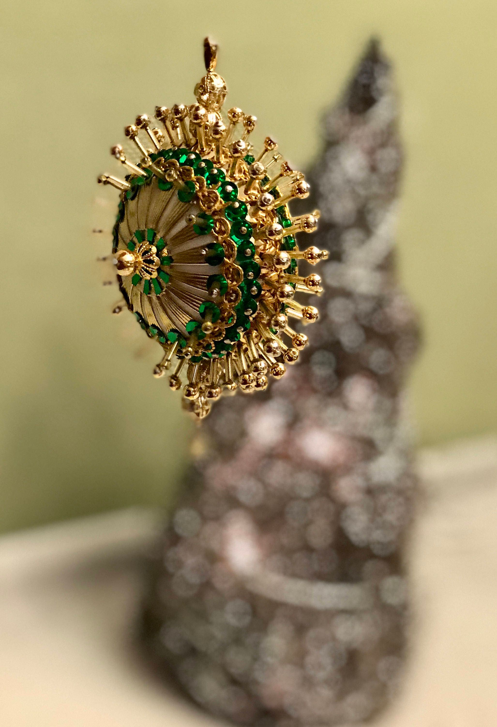 Vintage Beaded Sequined Christmas Tree Ornament, green and gold Bauble