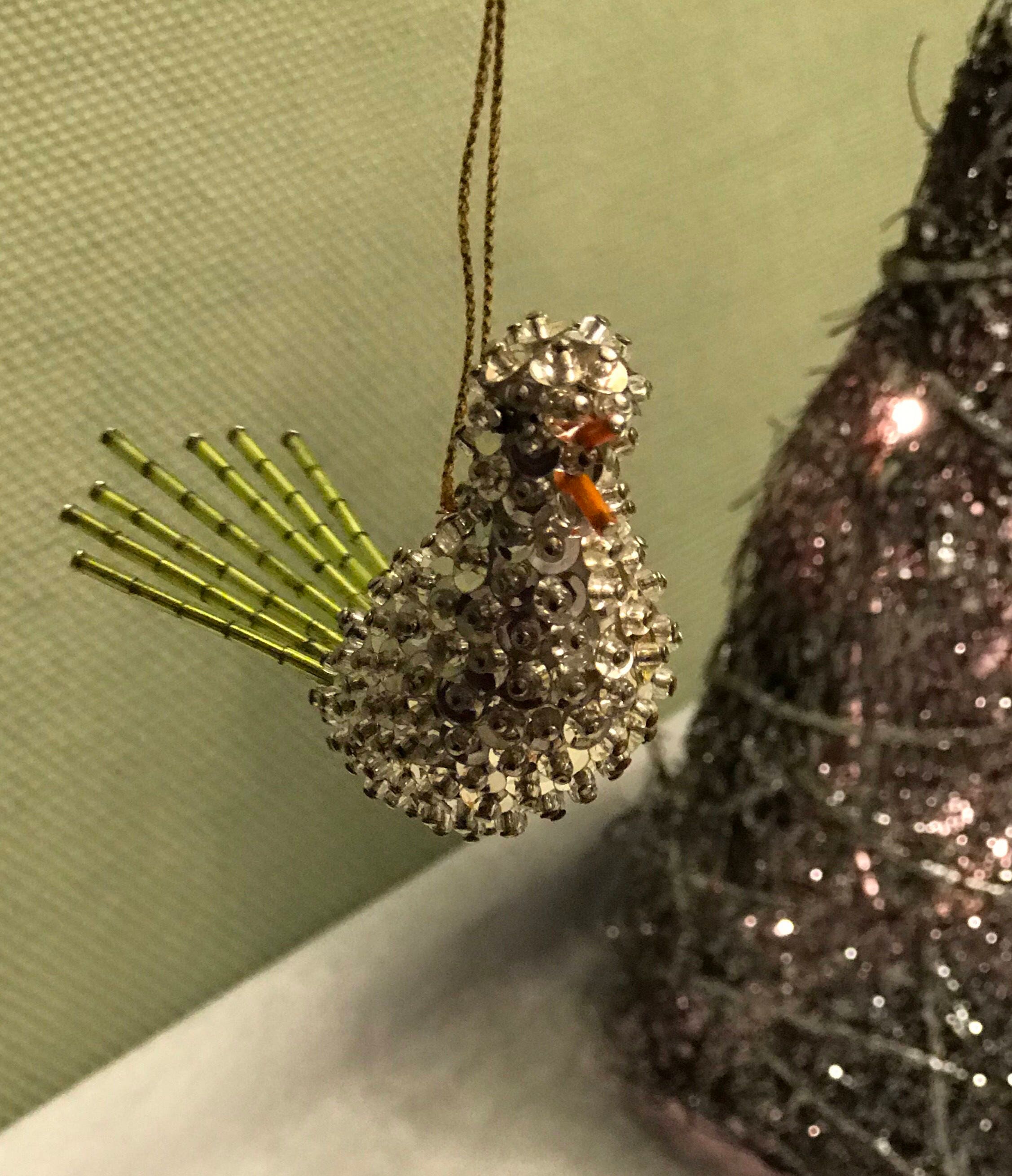 Vintage Beaded Sequined Christmas Ornament set, Birds, Round Orange Bauble, Ornate Handmade