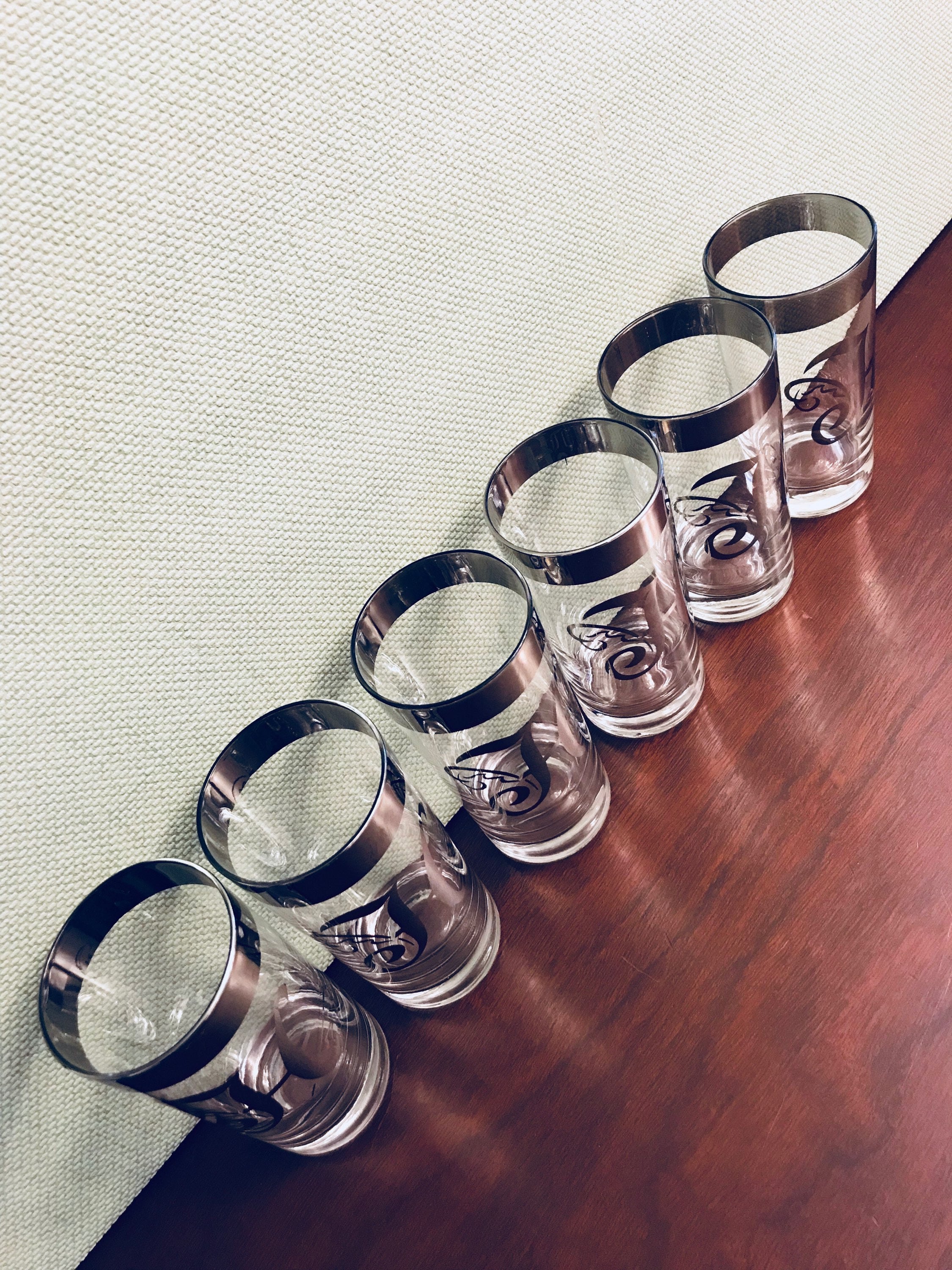 Mid Century Modern Monogrammed Glass Set, M Monogram Silver Drink ware