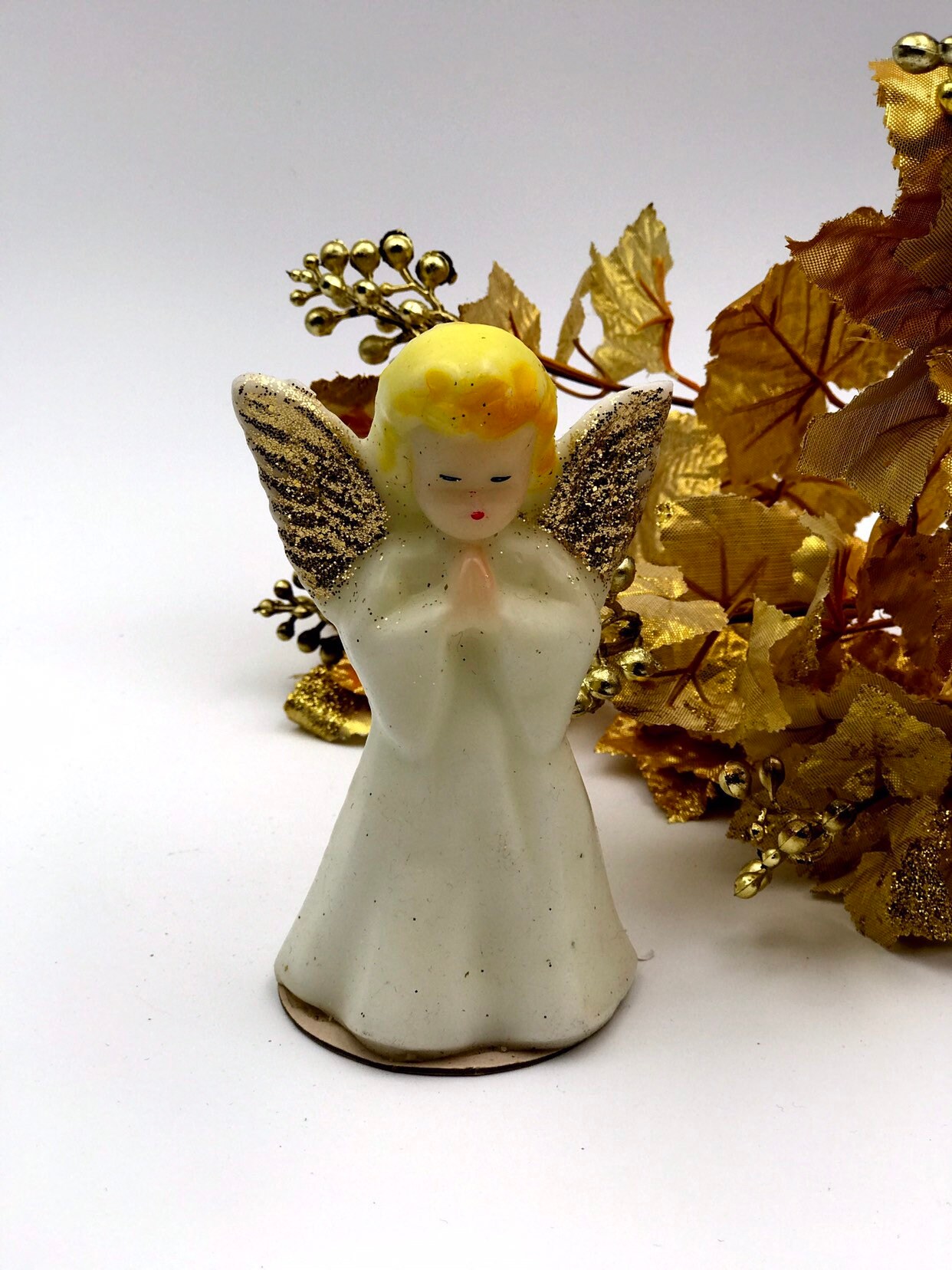 Vintage Angel Figurine Candle by Gurley, White and Gold Christmas Angel