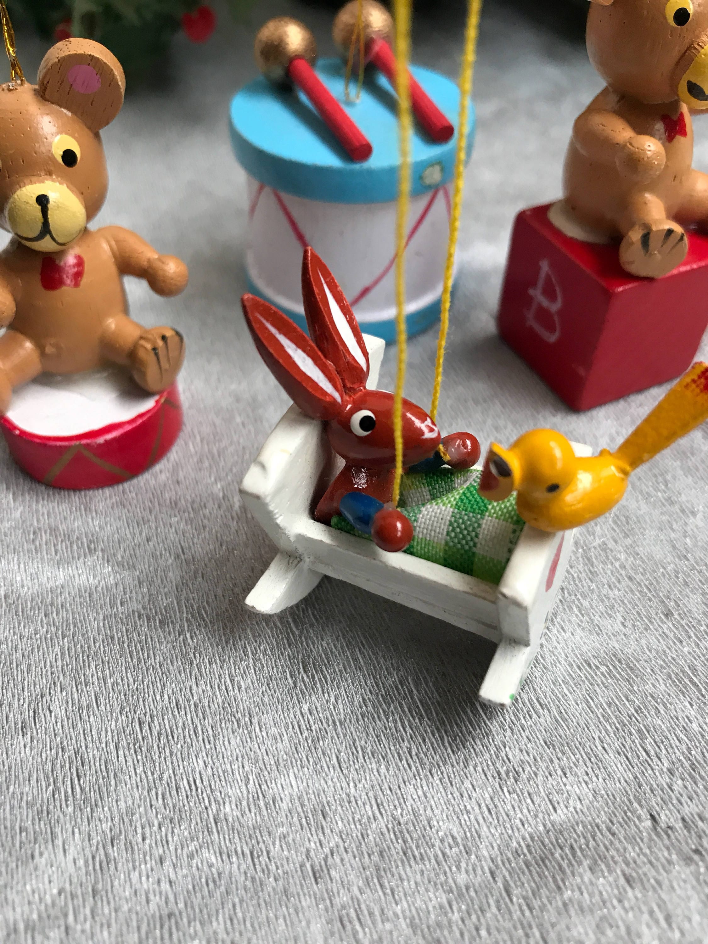 Vintage Wooden Christmas Ornaments, set of miniature toy Christmas