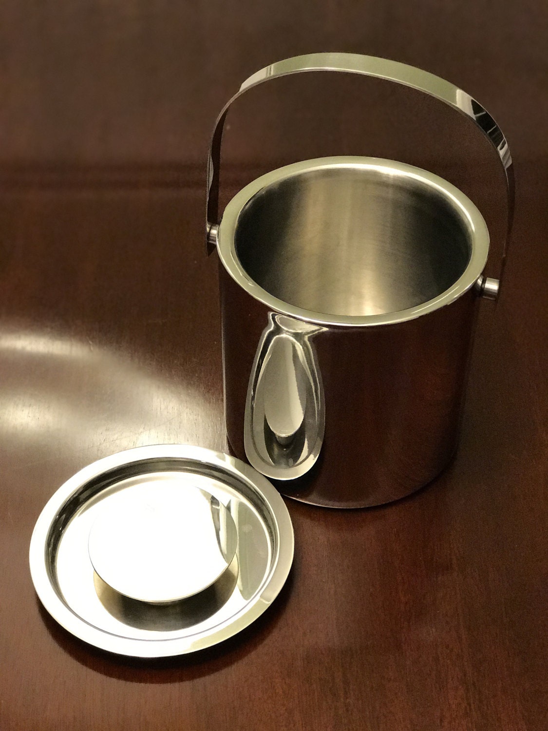 Danish Modern Ice Bucket, Chrome Ice Bucket with tongs, Modern ice