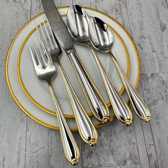 Vintage Stainless Flatware, Bow Knot gold accent, by The Cellar, high quality Silverware set