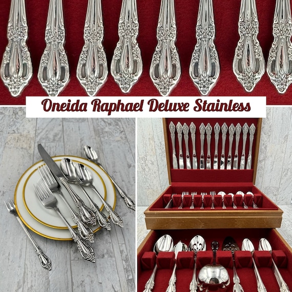 Vintage Flatware Set Oneida Raphael Distinction Deluxe Stainless Silverware, Service for 12 Excellent Condition, Wedding Gift