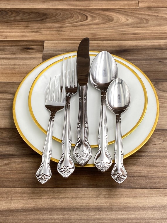 Vintage Stainless Flatware Set Rose Pattern Service for 6