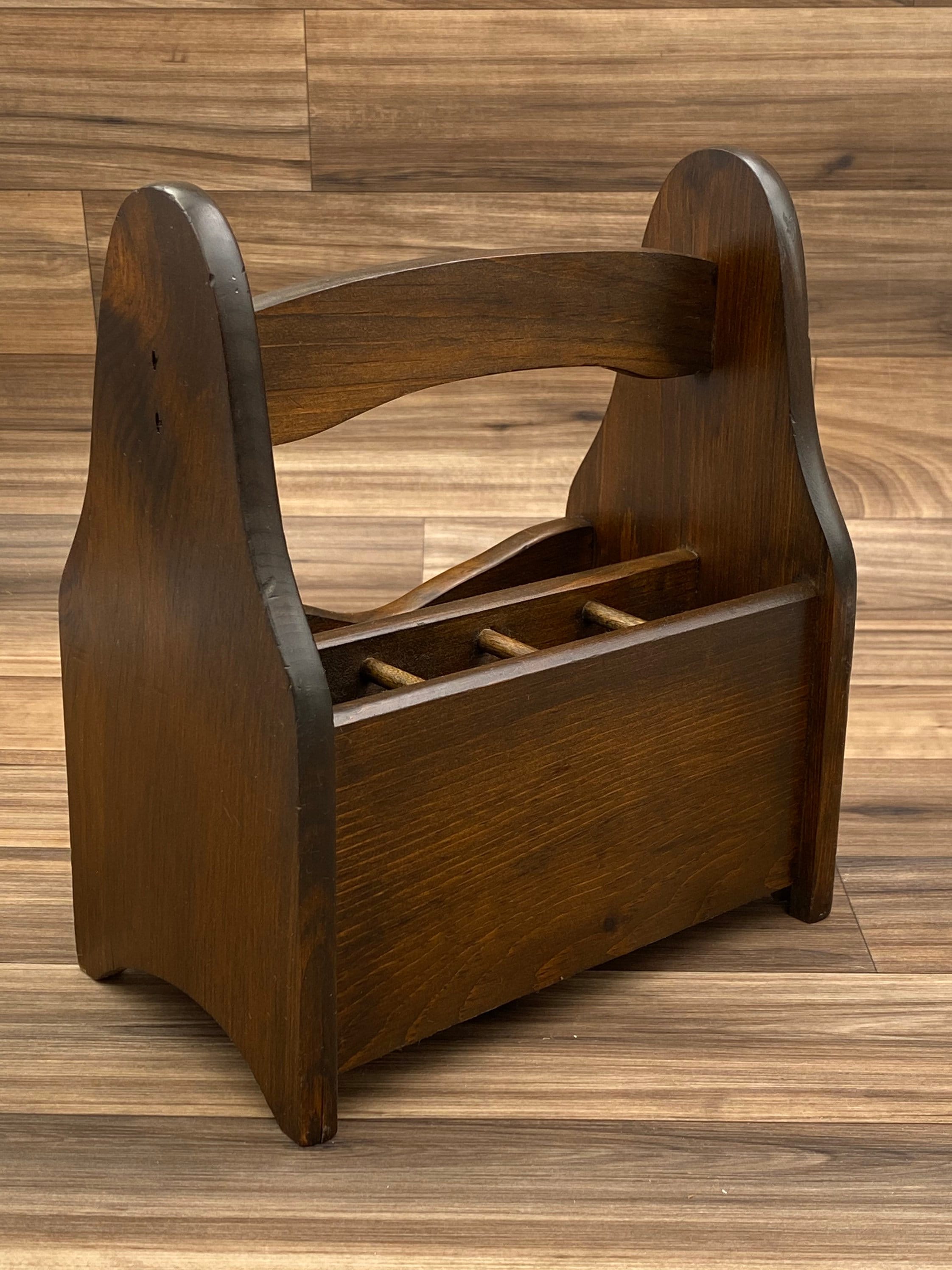 Vintage Flatware caddy, Dark Wood small silverware holder, Utensil