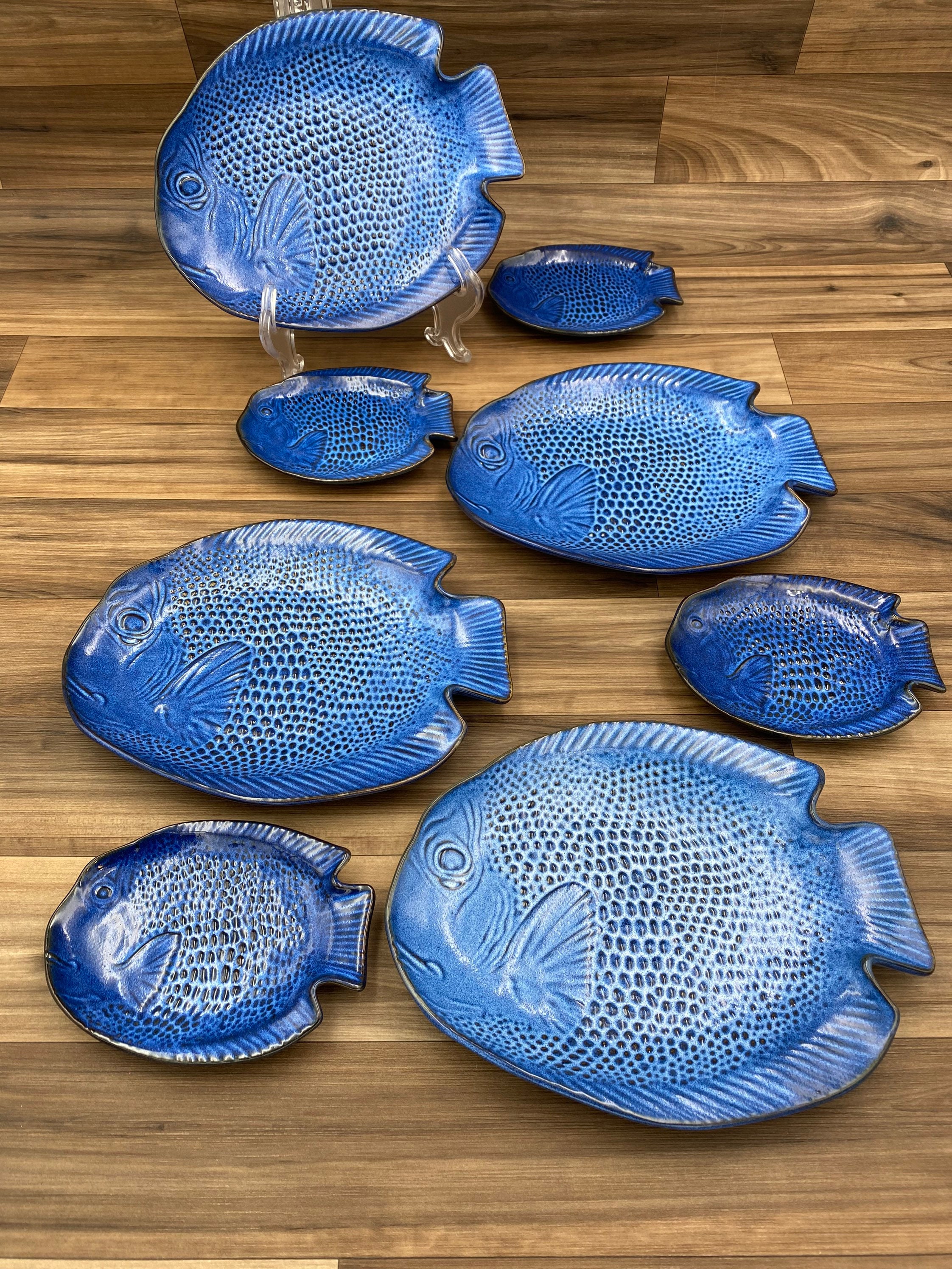 Ceramic Blue Fish Dish set, matching fish shaped plates, Beach house