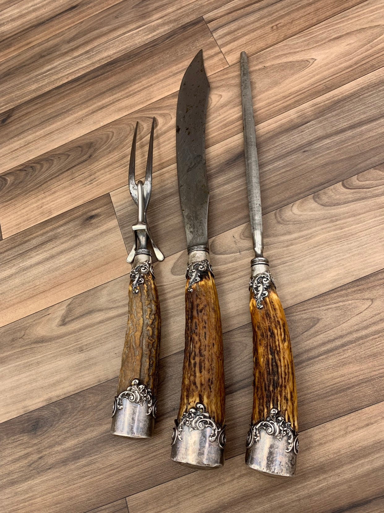 RESERVED Antique Knife set Sterling Handle and Stag Horn Carving Set