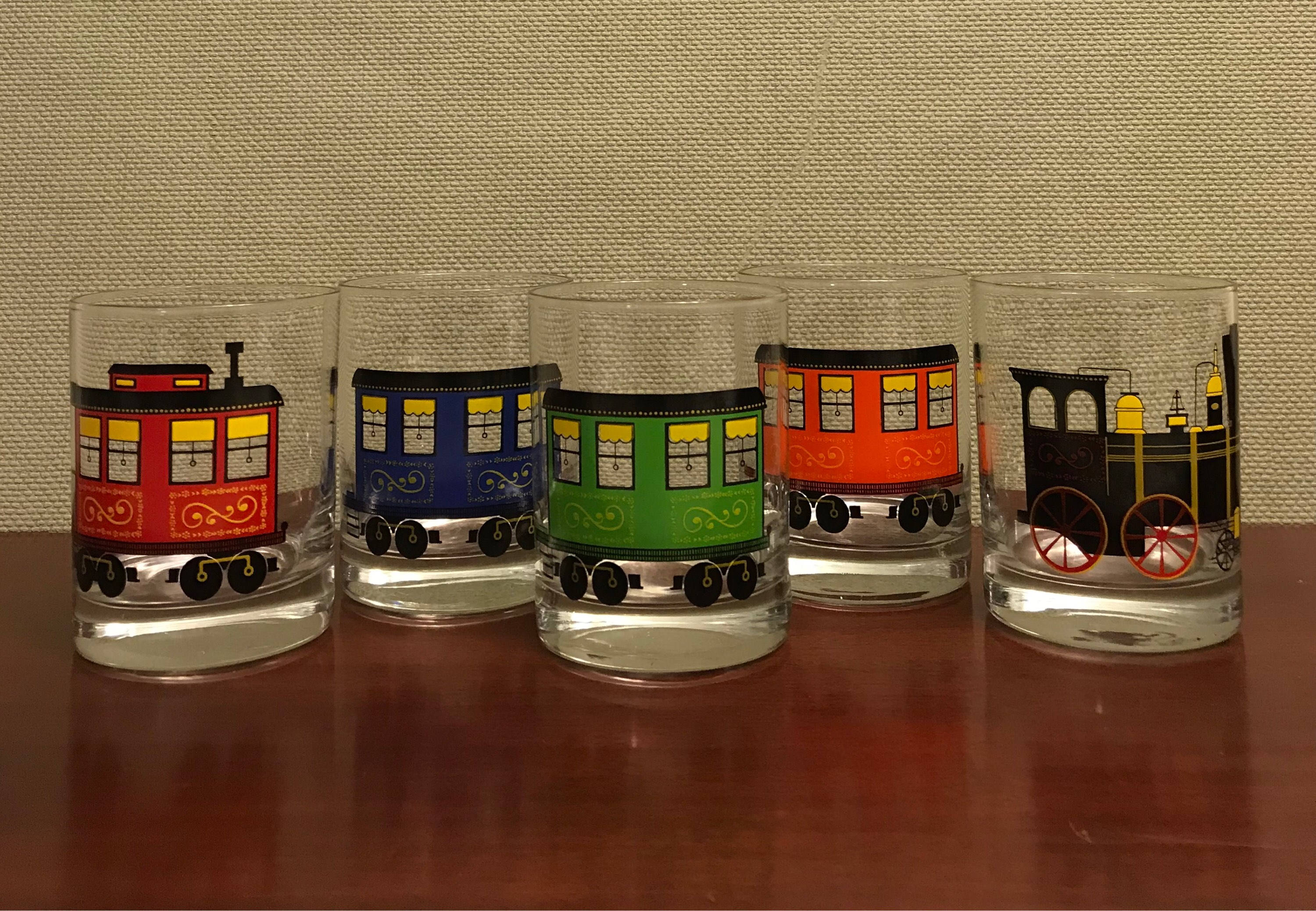 Rare Cera Train Glasses, Mid Century Cera Glasses, Cera Get On Board