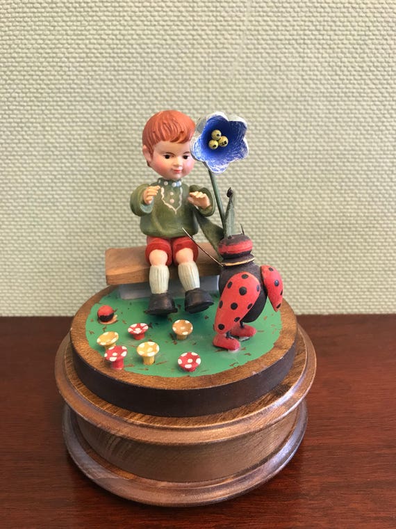 Vintage Reuge Music Box with Boy on bench Figurine, Handpainted Carved Music Box, EJB Music Box, Song Holiday in Switzerland