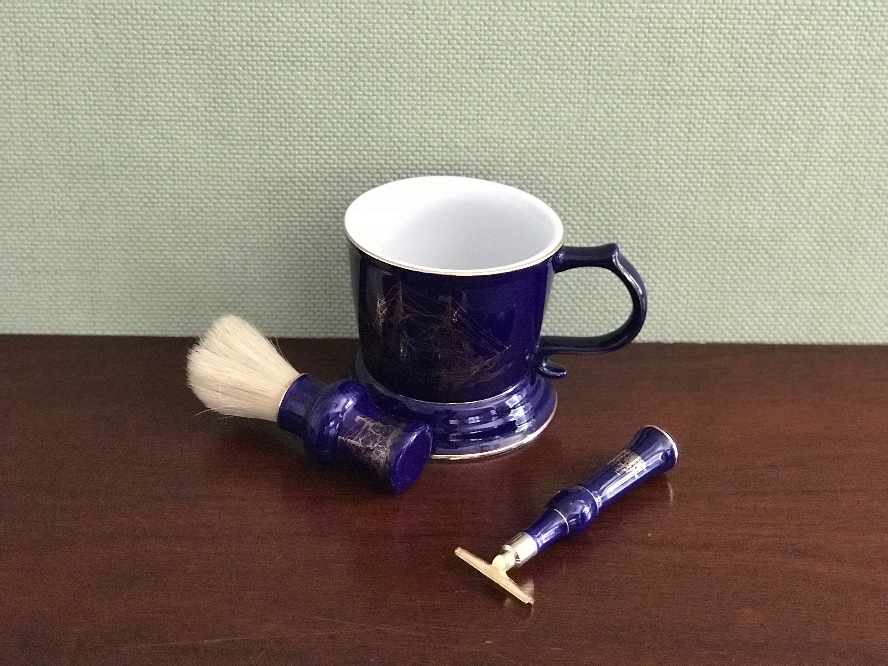 Vintage Blue Shaving Mug, Ceramic Shaving Mug with Ship, shaving brush