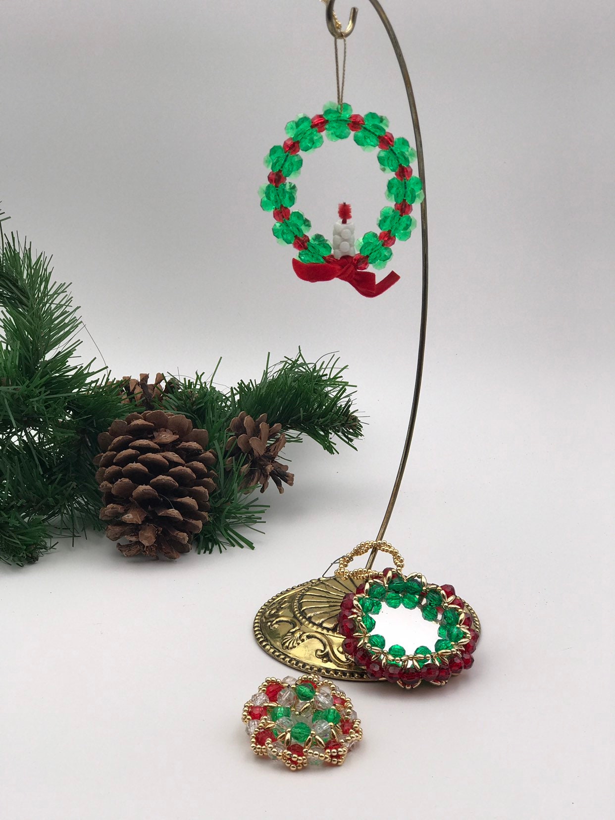 Vintage Beaded Christmas Ornaments, set of three 1970s Beaded Christmas