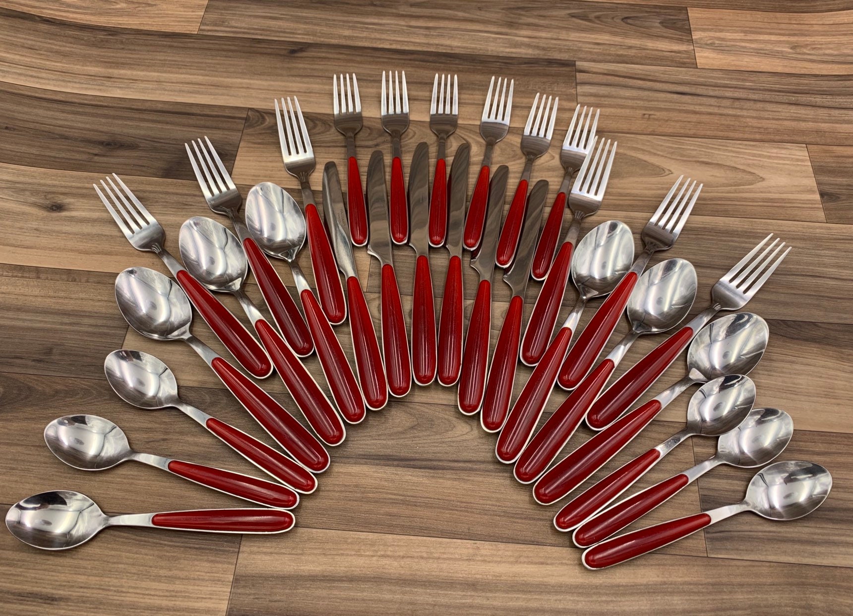 Vintage Flatware set Stainless Steel and Dark Red Plastic Handles