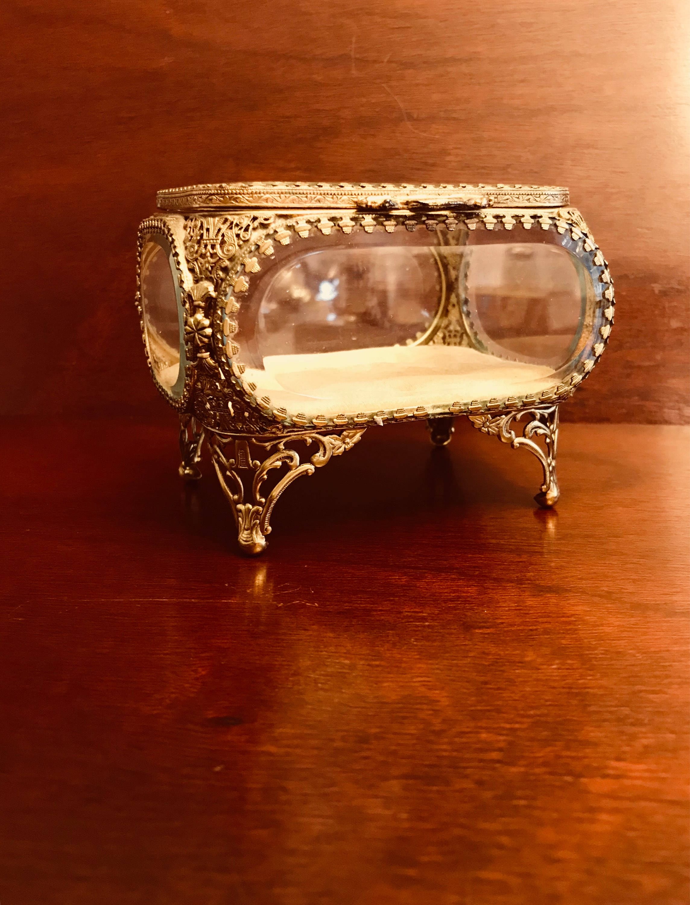 Vintage Gold Ormolu Jewelry Casket, Gold filigree Trinket Box, beveled