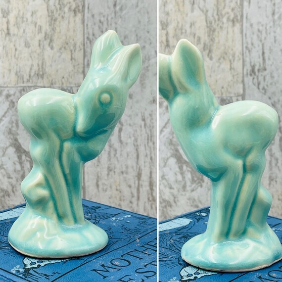 Vintage ceramic turquoise deer, Midcentury pottery, small collectible figurine