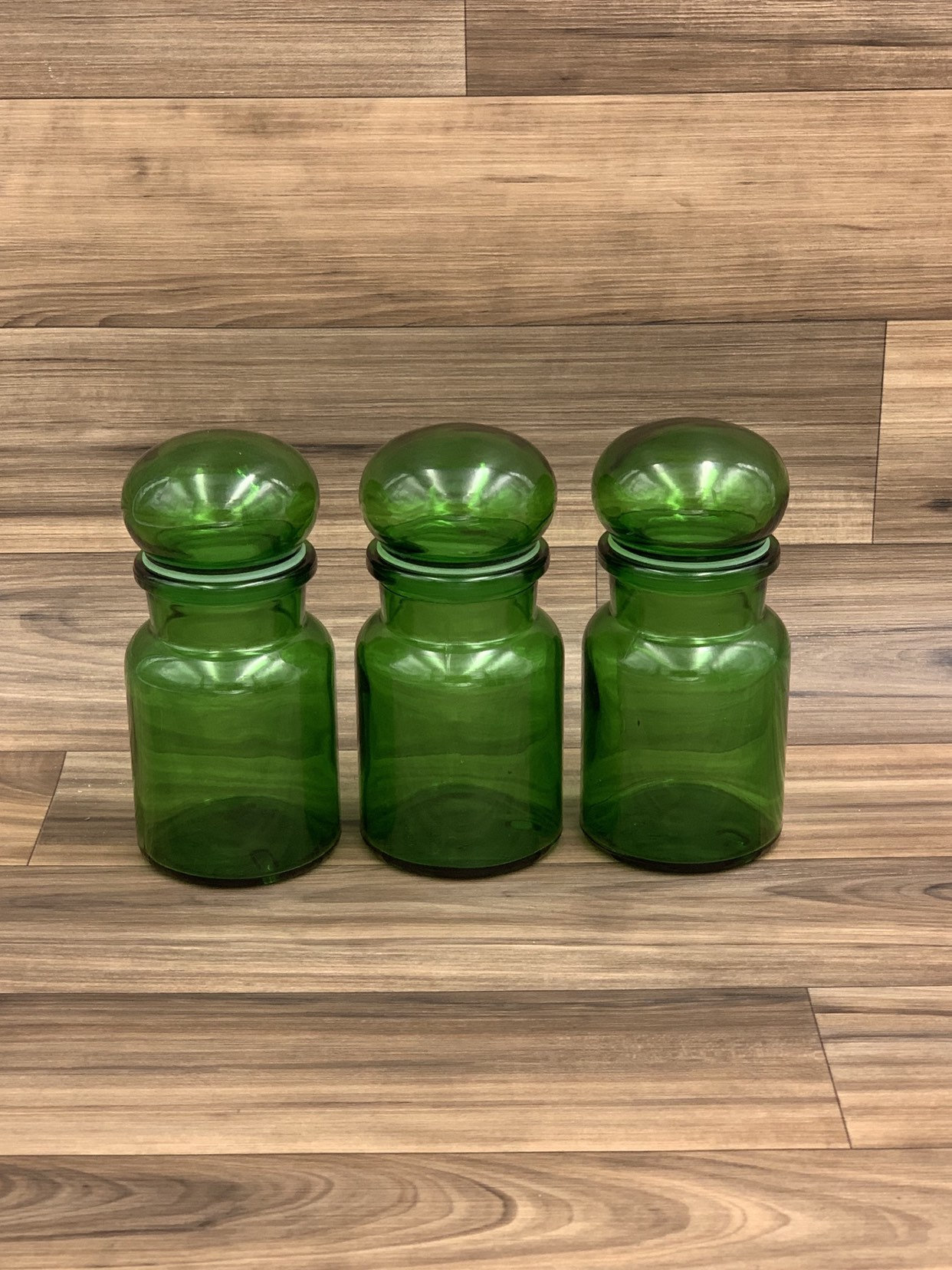 Vintage Apothecary Jars, Belgium Green Bubble top Jars, glass canisters