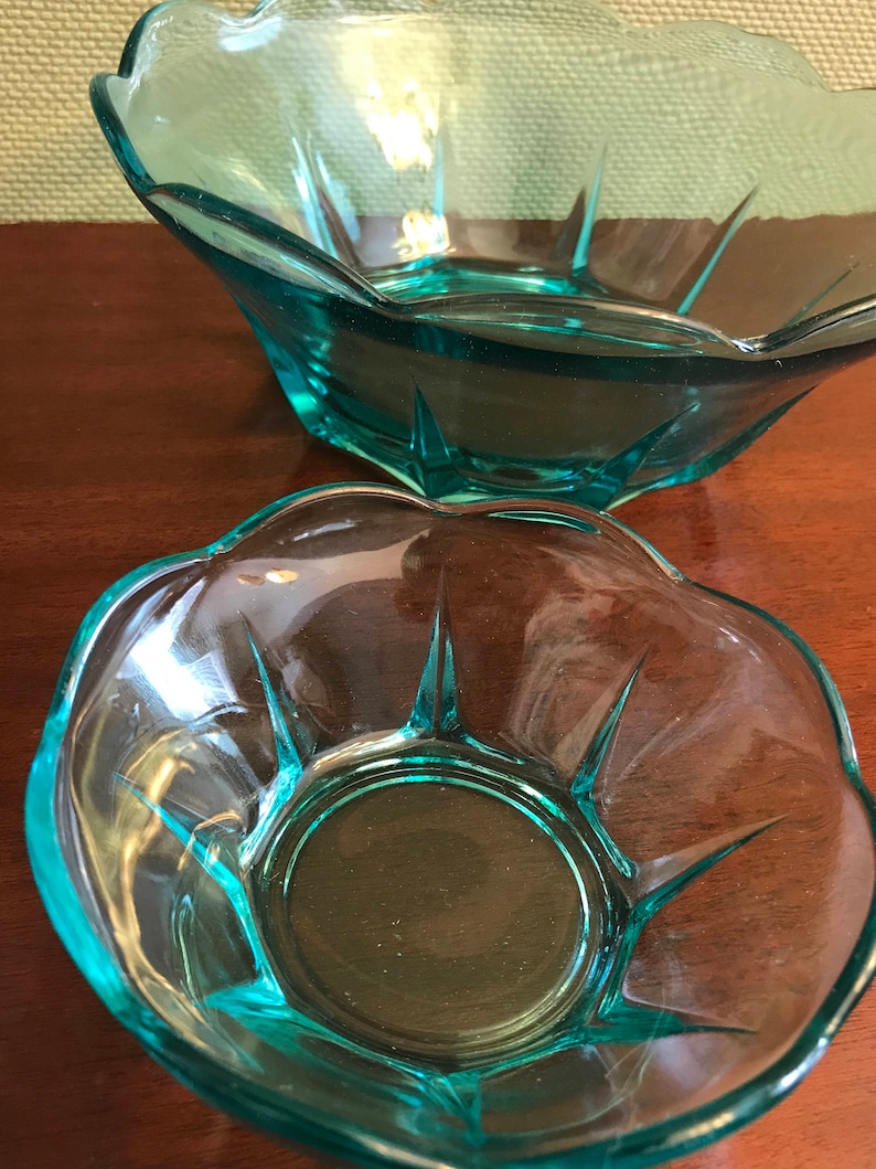 Anchor Hocking Swedish Modern serving bowl set party ware Collectible serving dishes gift for her turquoise Glass Vintage Chip Dip set