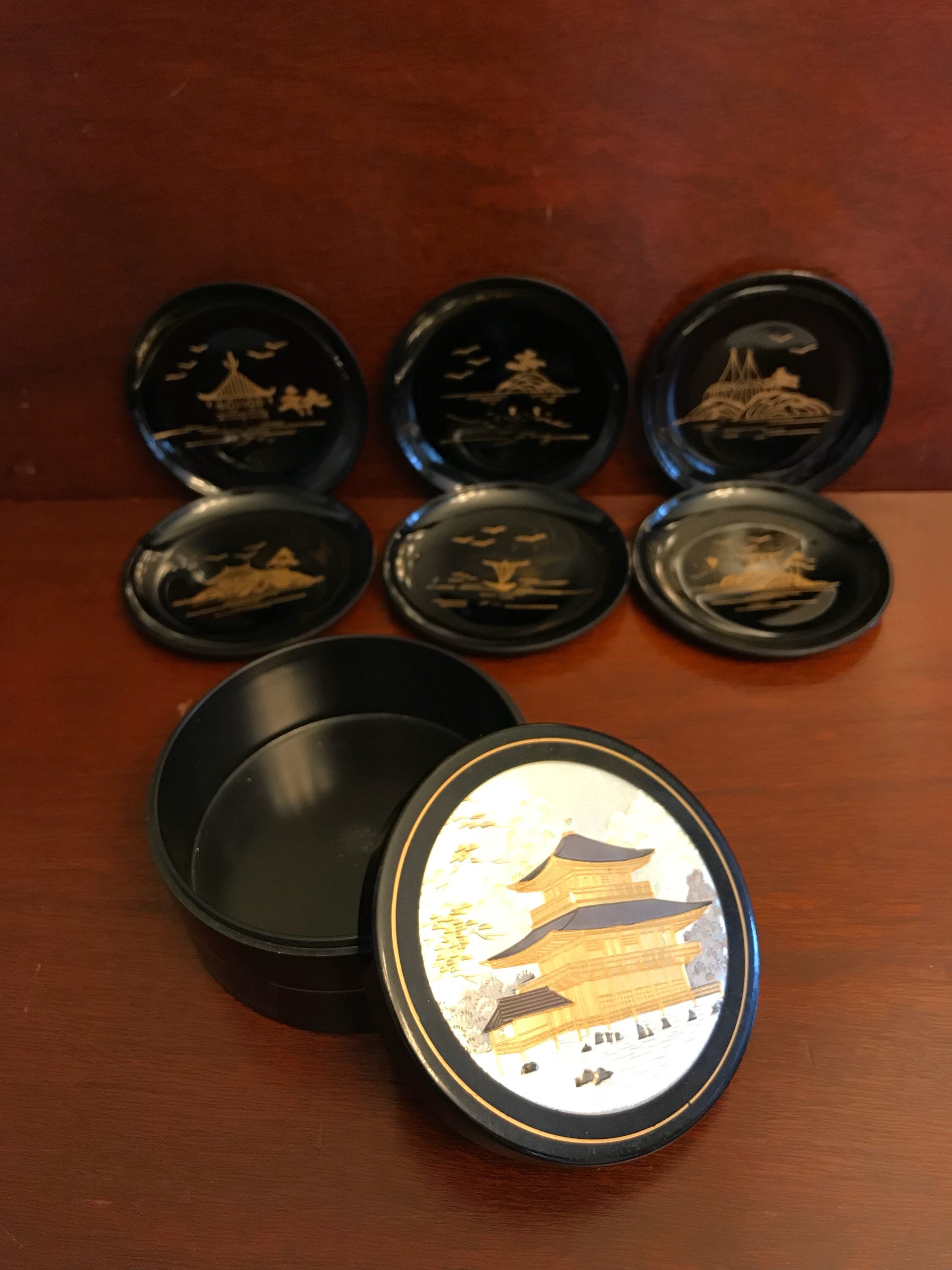 Asian Coaster set, Japanese Coasters in case, etched metal lid, set of