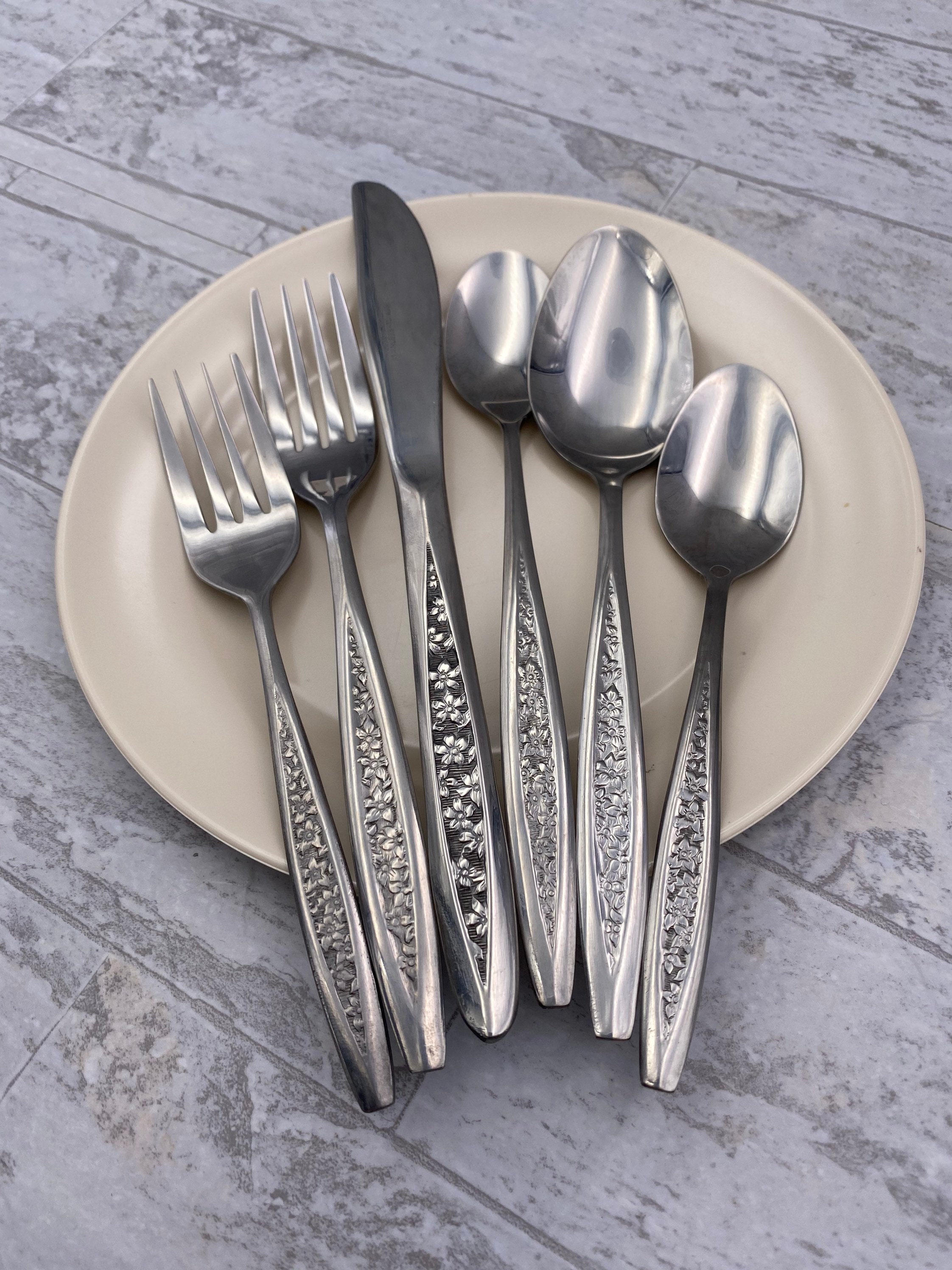 Vintage Floral Stainless Flatware set, Service for 12 ...