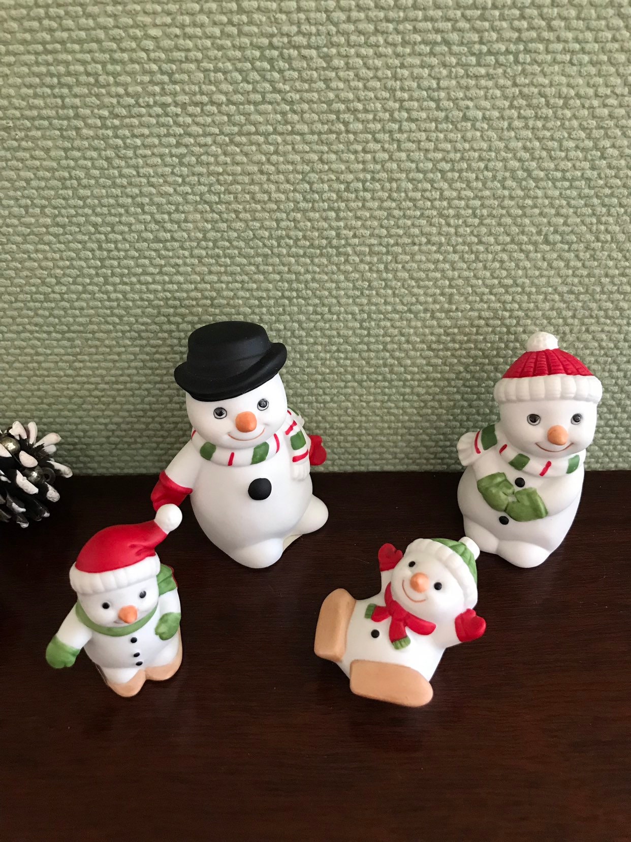Snowman Family Figurines by Homco, Family of 4 Snowmen, Ceramic Snow