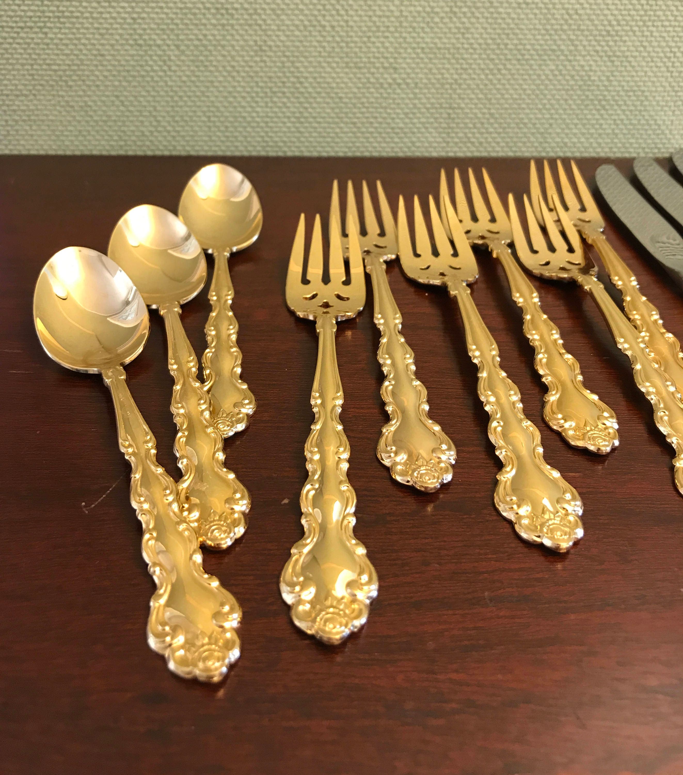 Vintage Gold Flatware, Oneida Community Beethoven Gold Flatware, complete 4 piece service for 6