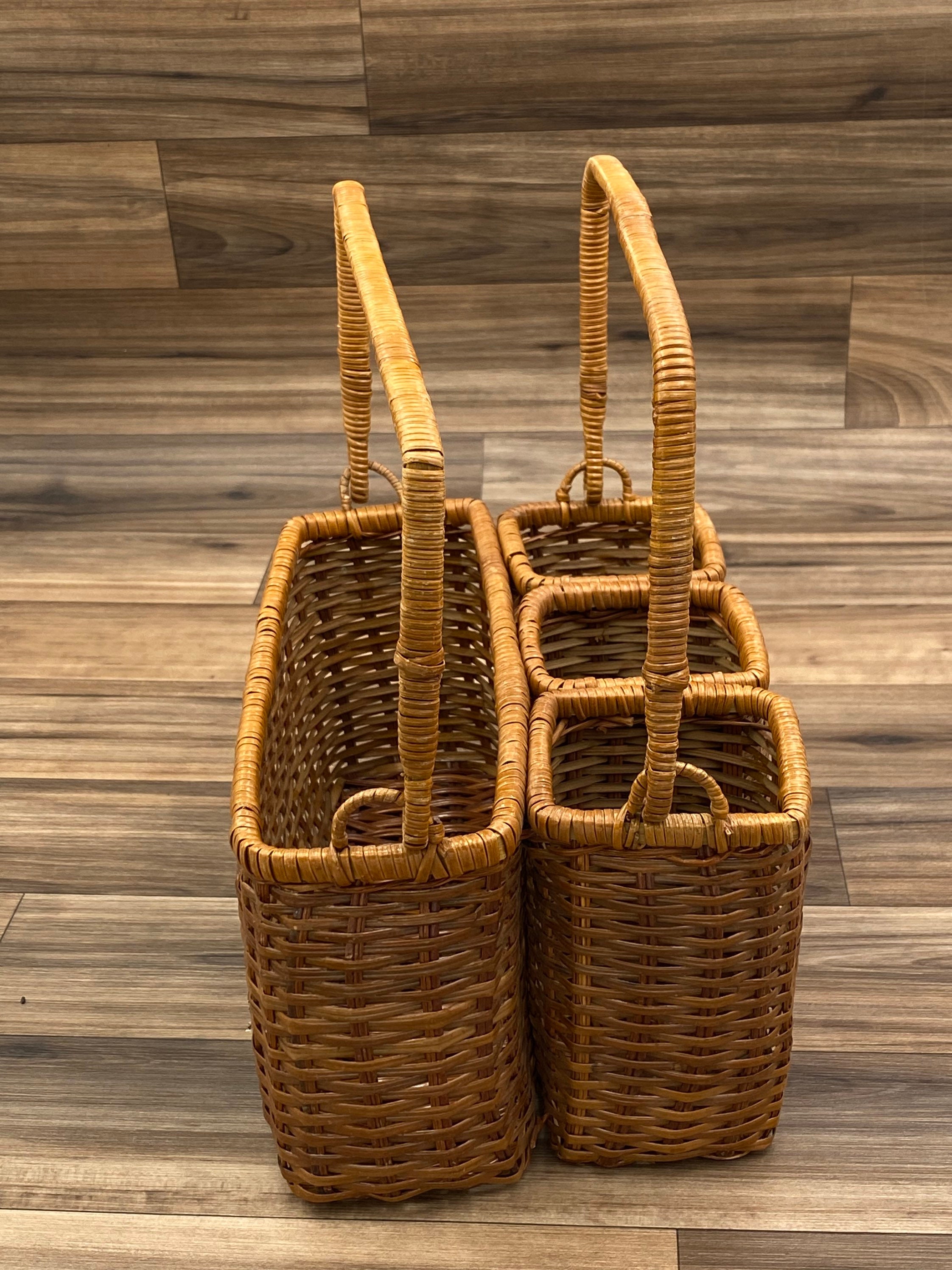 Vintage Flatware caddy, silverware holder, Basket carrying bin, Utensil