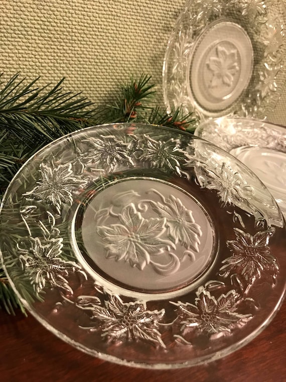 Princess House Crystal FANTASIA Holiday 3 Bread Dessert plates and 2 saucers Vintage Fantasia plates replacement plates Poinsettia