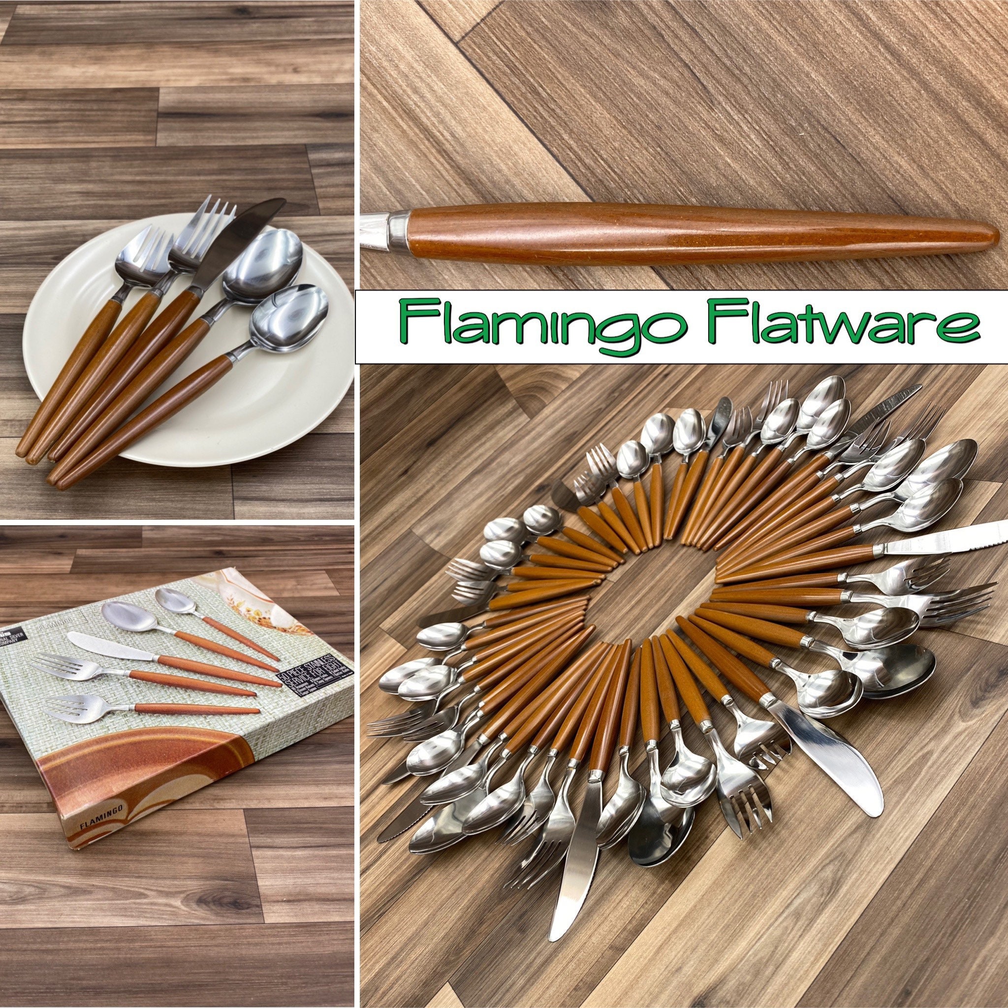 Vintage flatware Set, Flamingo Pattern Service for 8, Rustic Cabin