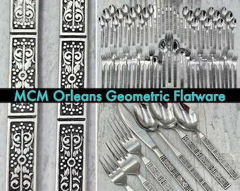 Vintage Flatware Set, MCM Orleans Geometric Stainless Silverware set