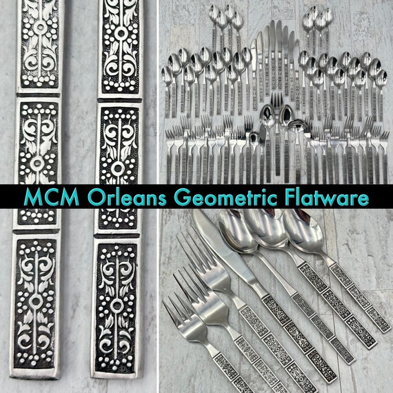 Vintage Flatware Set, MCM Orleans Geometric Stainless Silverware set